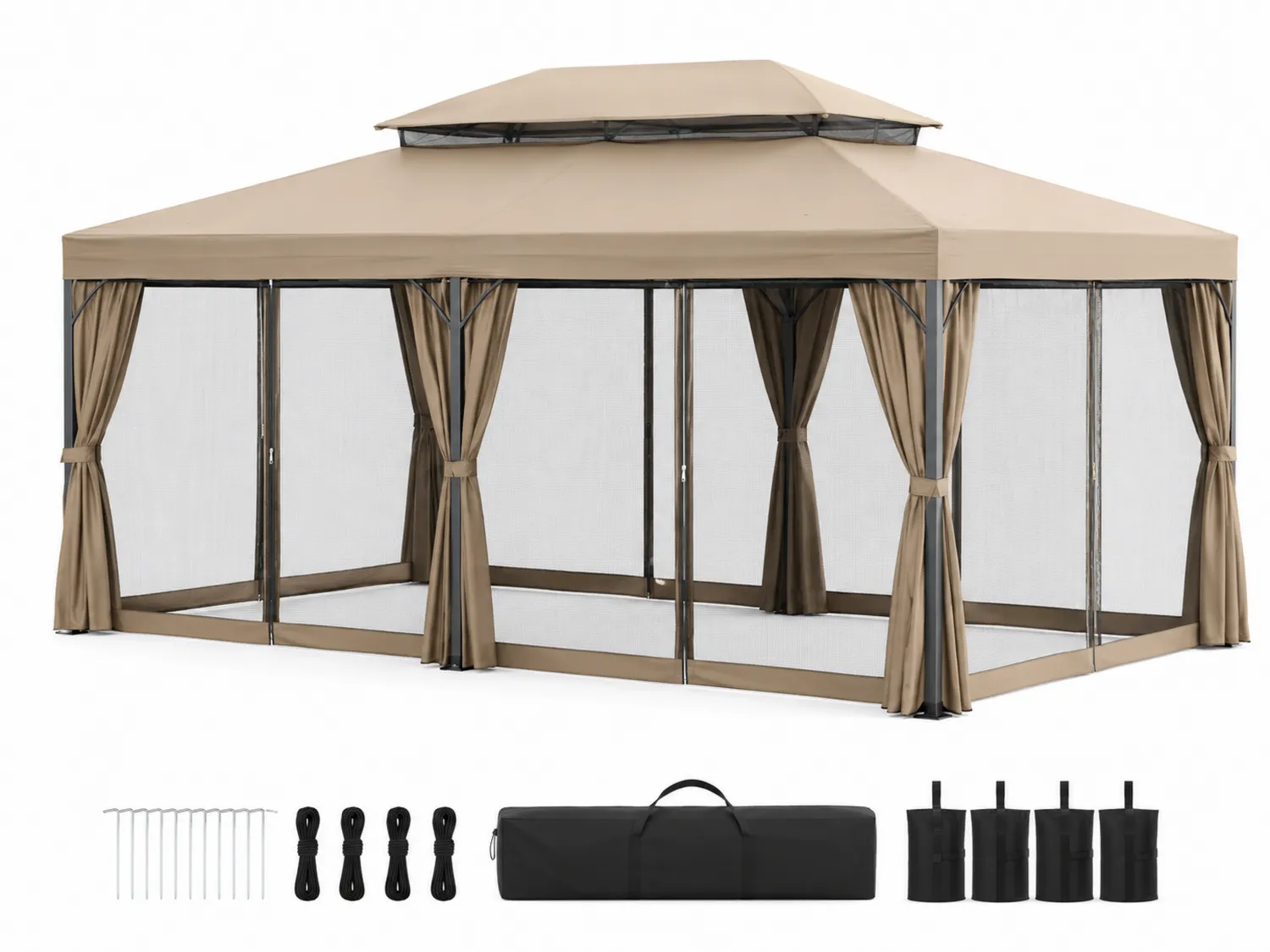 Pavillon 3x4m Doppeltes Dach Stahlrahmen Polyestergewebe Beige