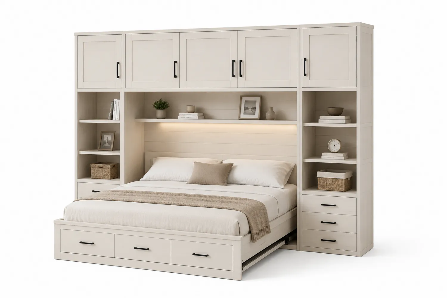 Stauraumbett mit integrierter Schrankwand aus Holzwerkstoff in Beige