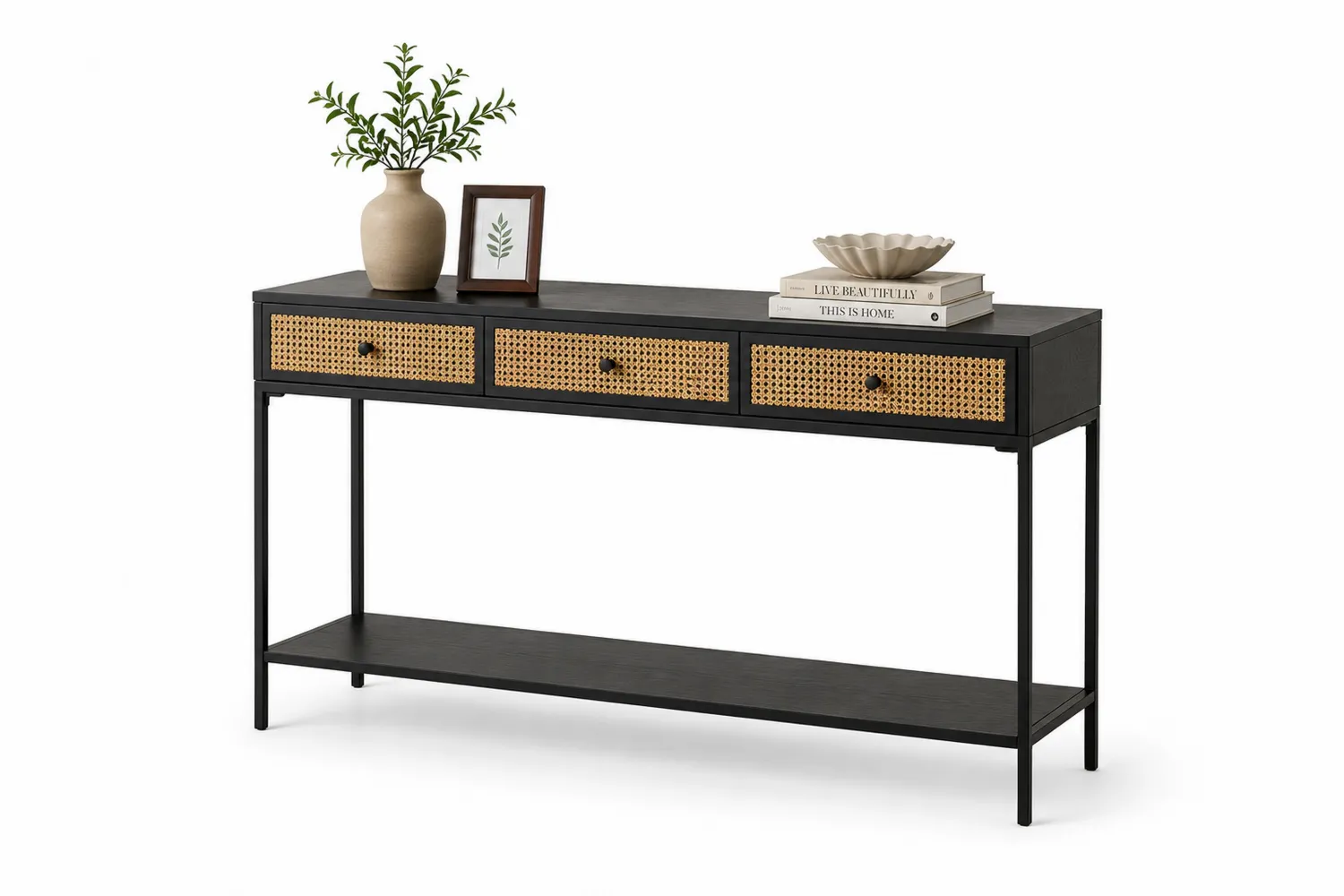Konsolentisch aus Holz und Rattan mit Metallgestell in Schwarz und Braun
