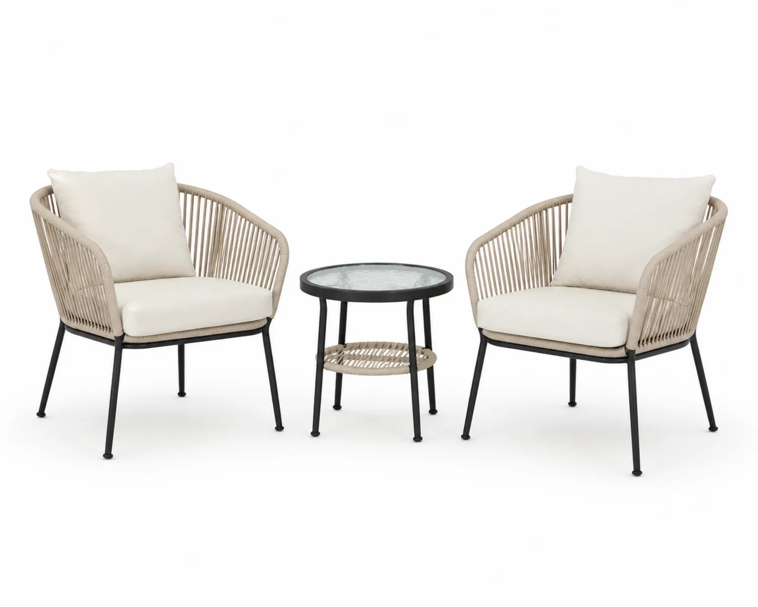 3-teiliges Outdoor Lounge Set mit Sesseln aus Stahl und beigem Polyesterseil, Tisch mit Glasplatte