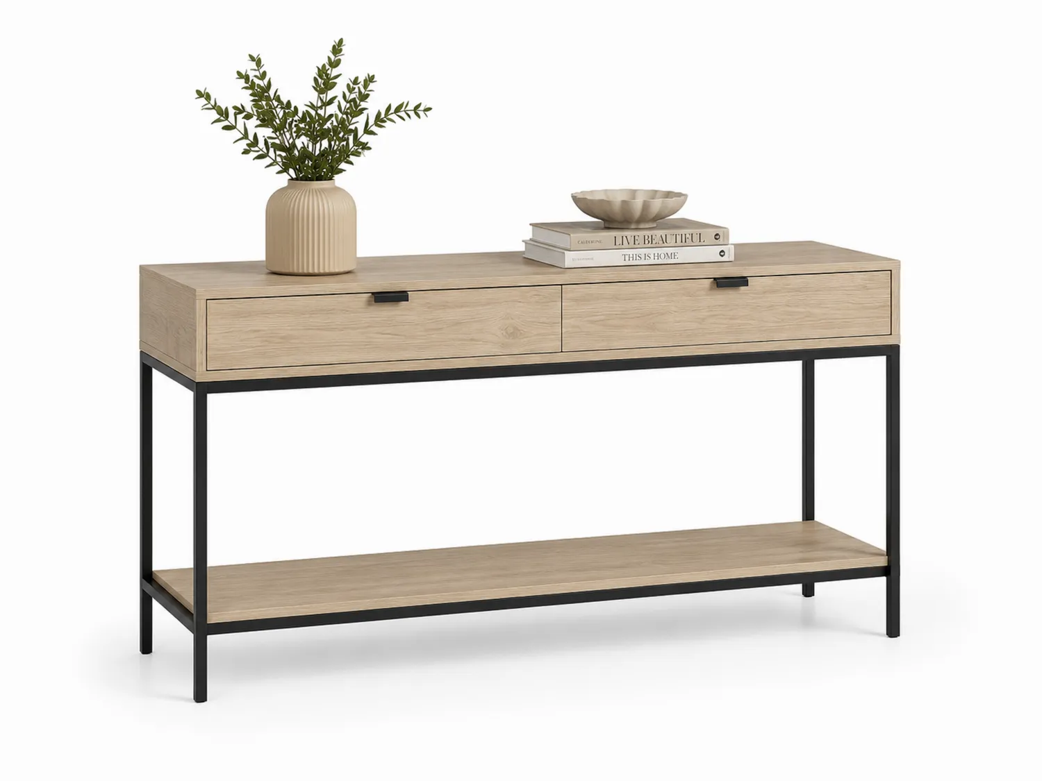Konsolentisch rechteckig mit zwei Schubladen Eiche MDF Metallgestell Natur/Schwarz 120x40x80cm