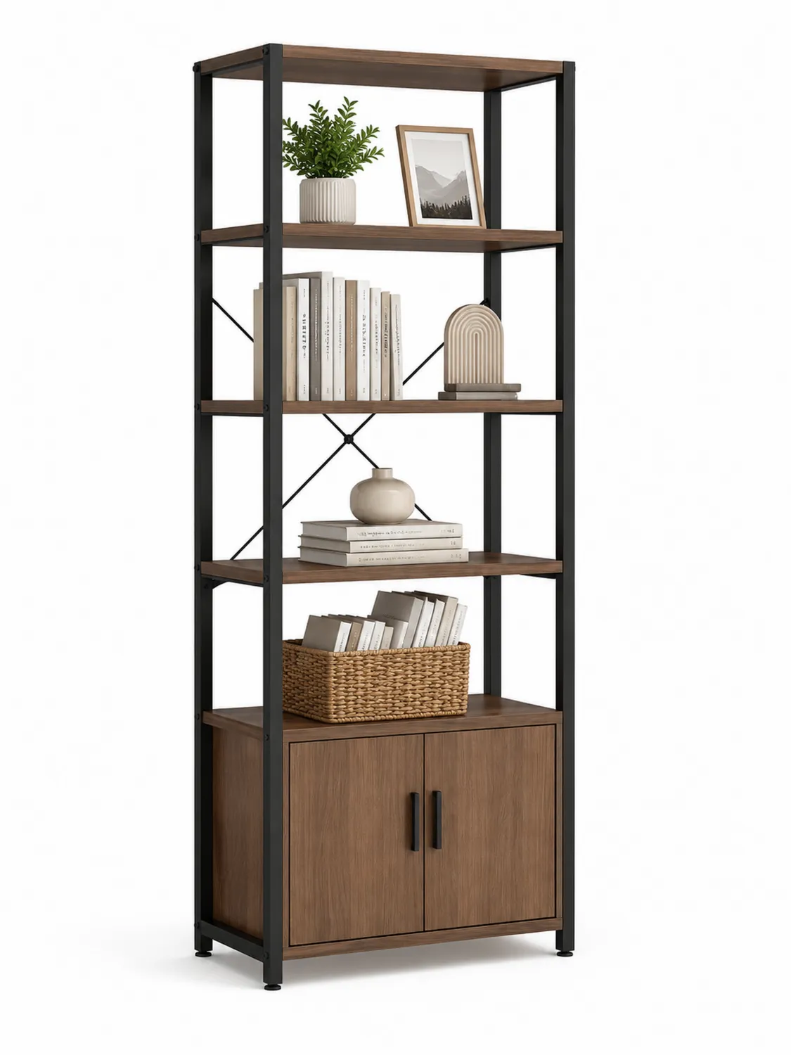 Bücherregal mit 5 Ebenen Holz Metall 180cm x 80cm x 40cm Braun/Schwarz