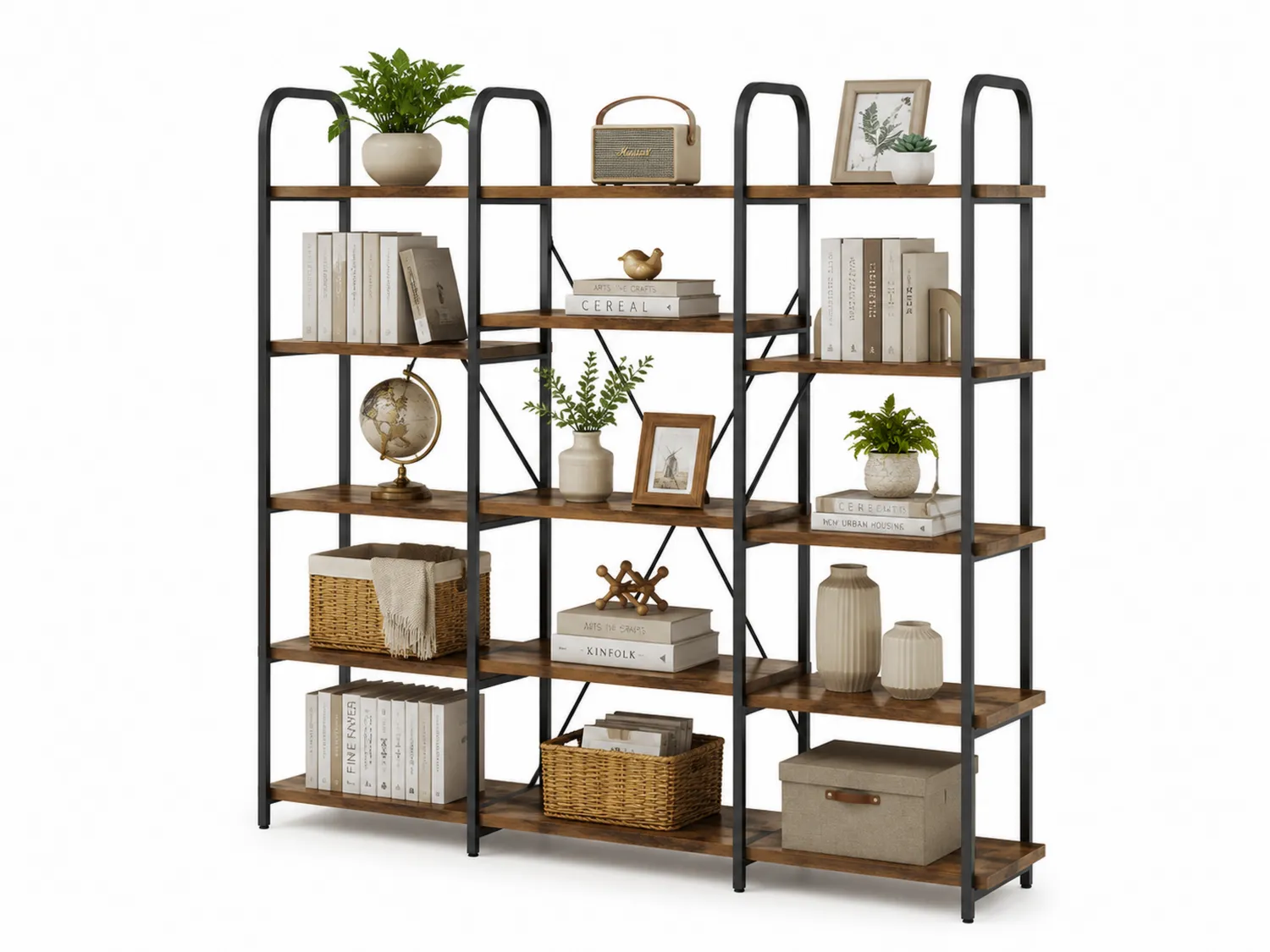3-teiliges Bücherregal Set Holz Metall Braun/Schwarz