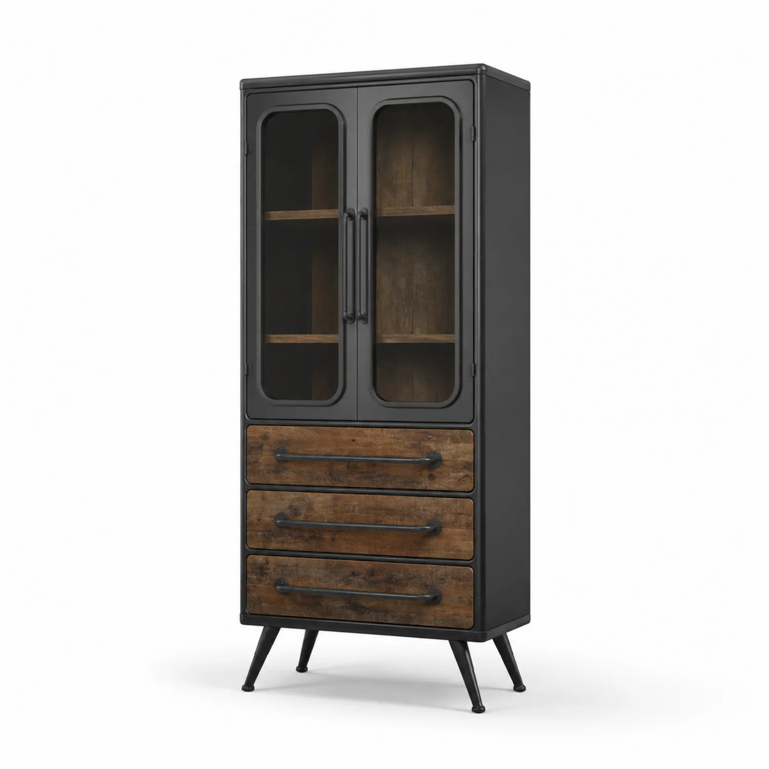Metall-Holz Bücherregal mit Glastüren Schwarz/Braun 180x80x40cm