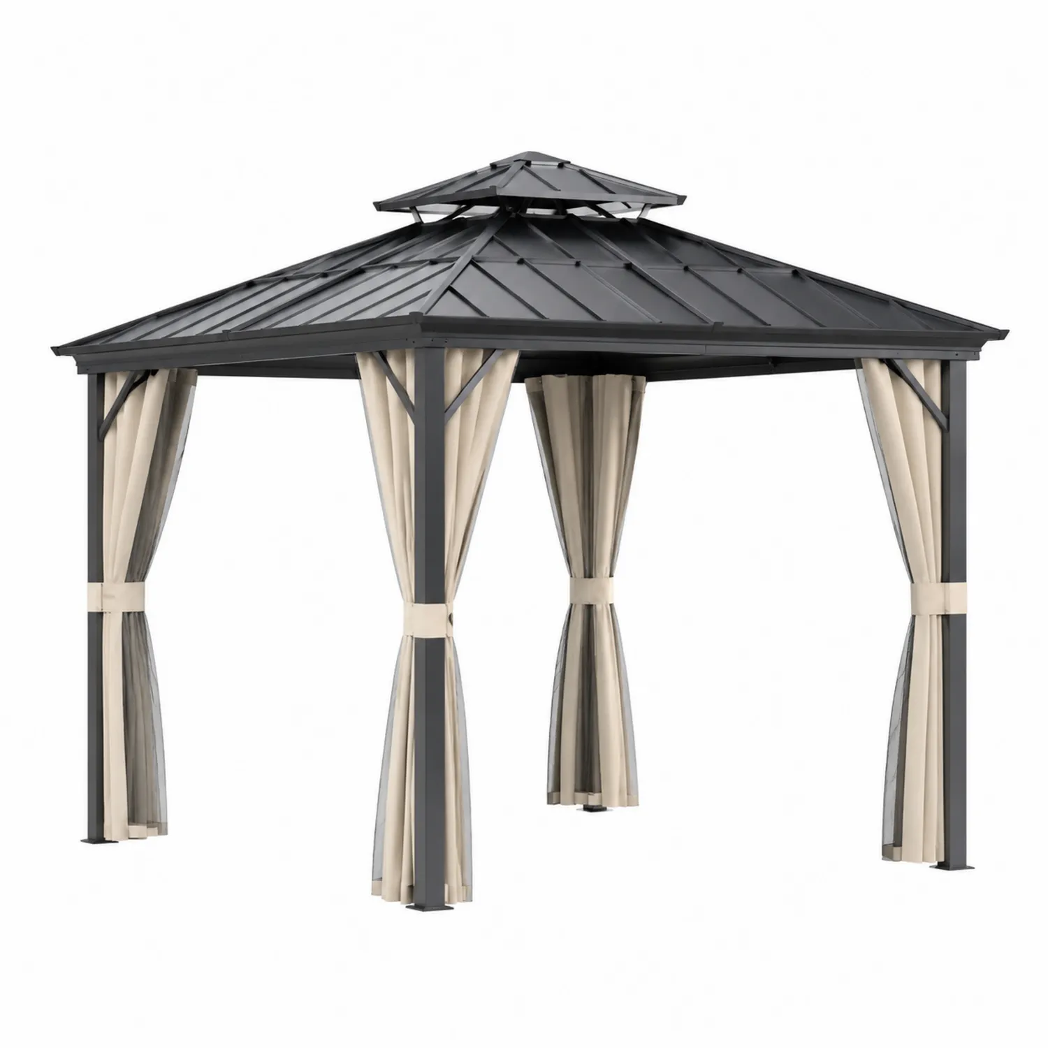 Aluminium-Pavillon mit Polycarbonatdach, 3x3m mit Vorhängen Grau/Beige