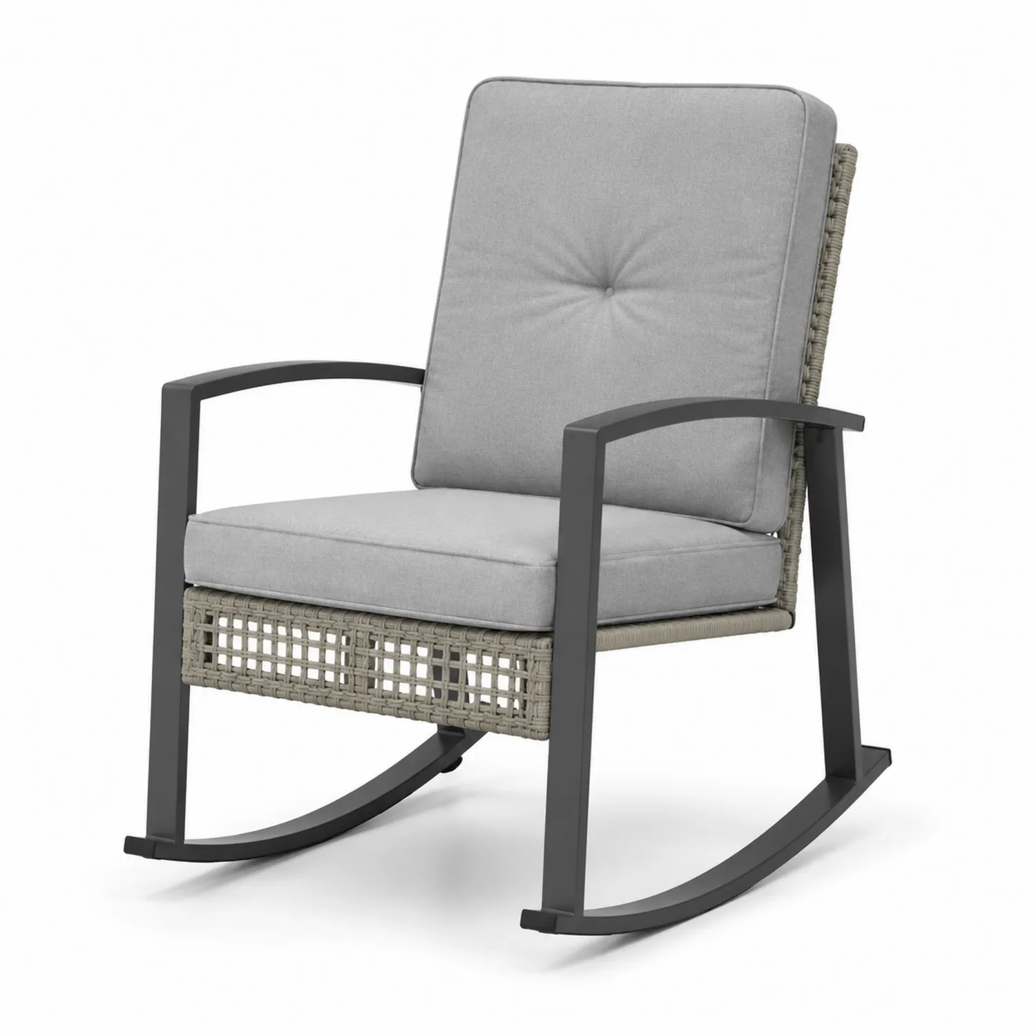 Metall-Rattan-Schaukelstuhl mit grauem Kissen