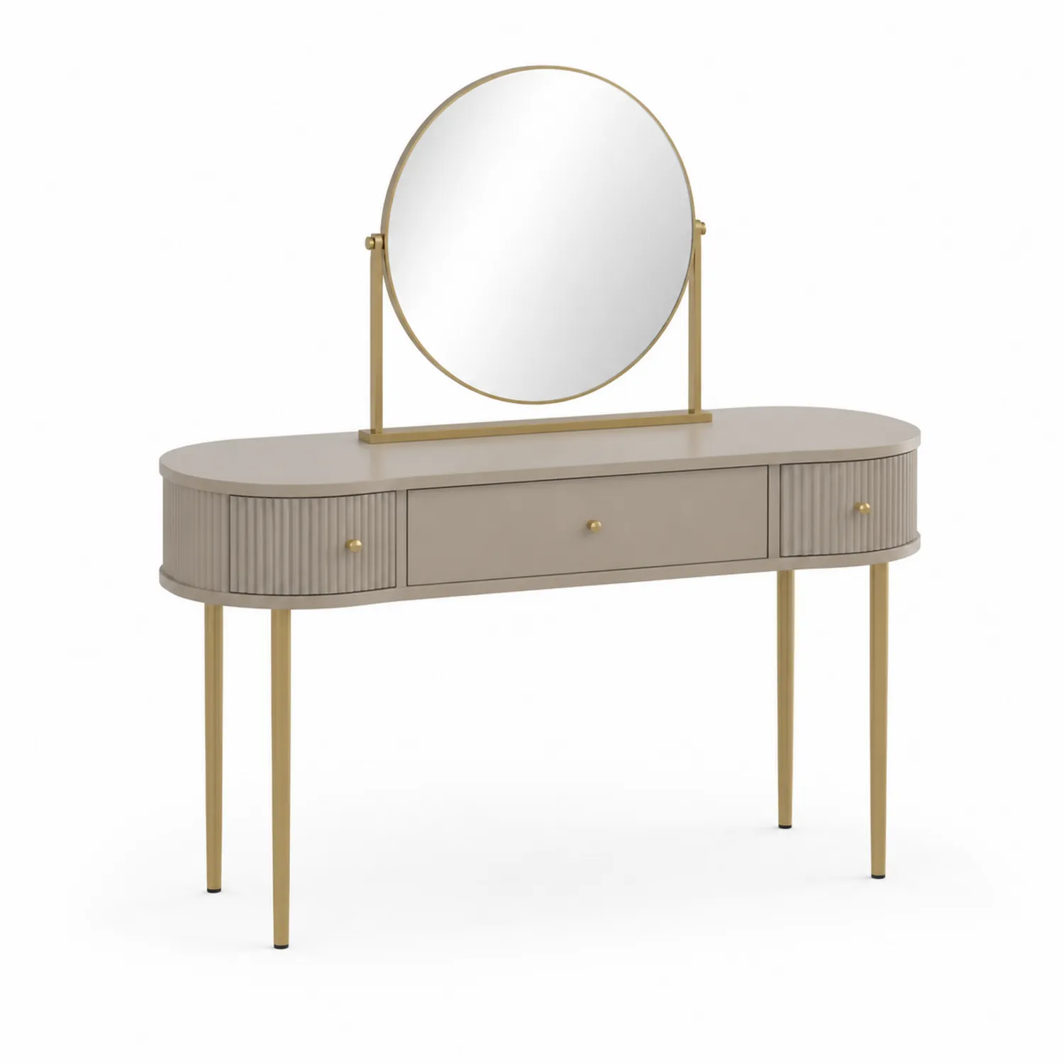 Ovaler Schminktisch mit Spiegel aus MDF und Metall, Beige und Gold