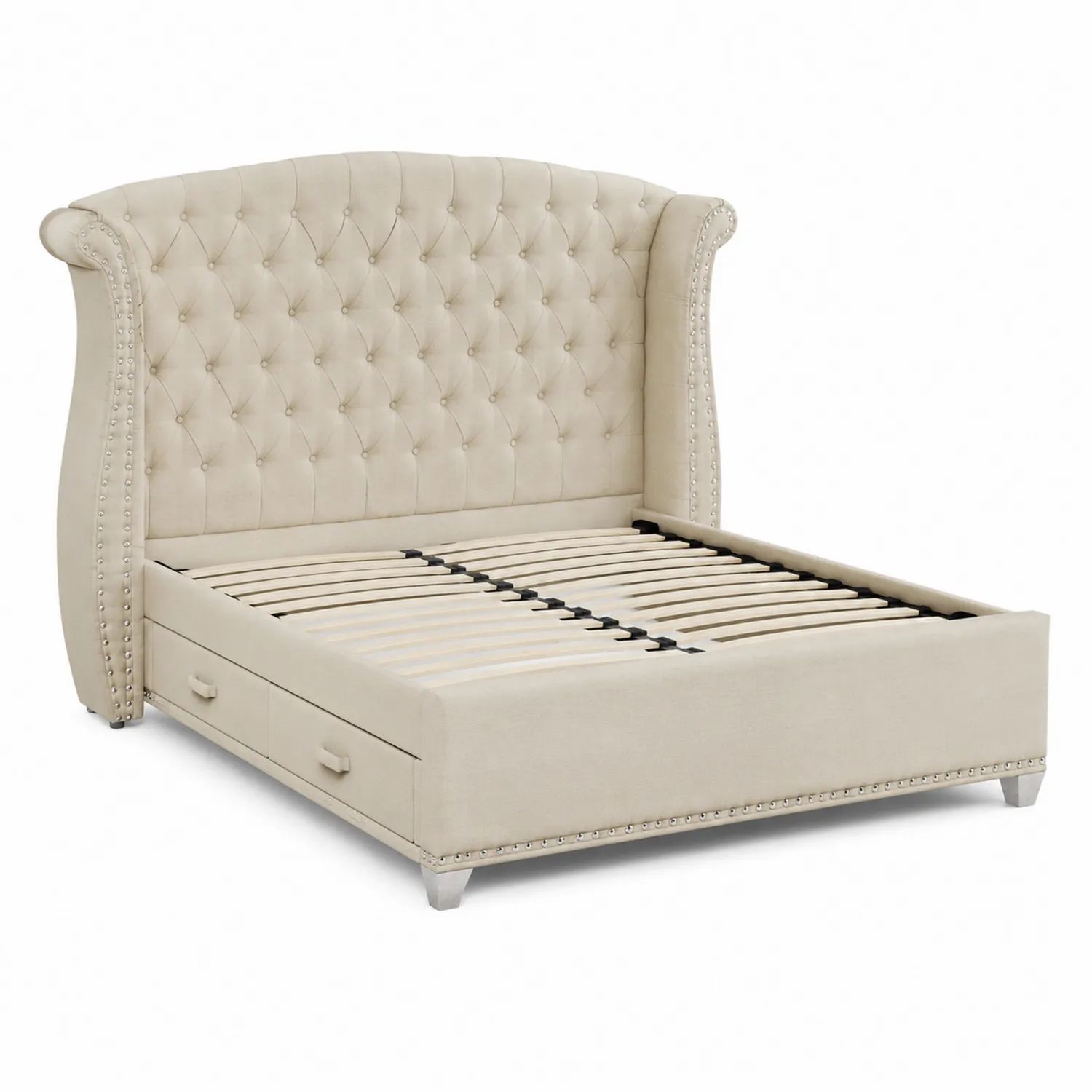 Polsterbett aus Samt mit Stauraum, 200x160 cm, Beige