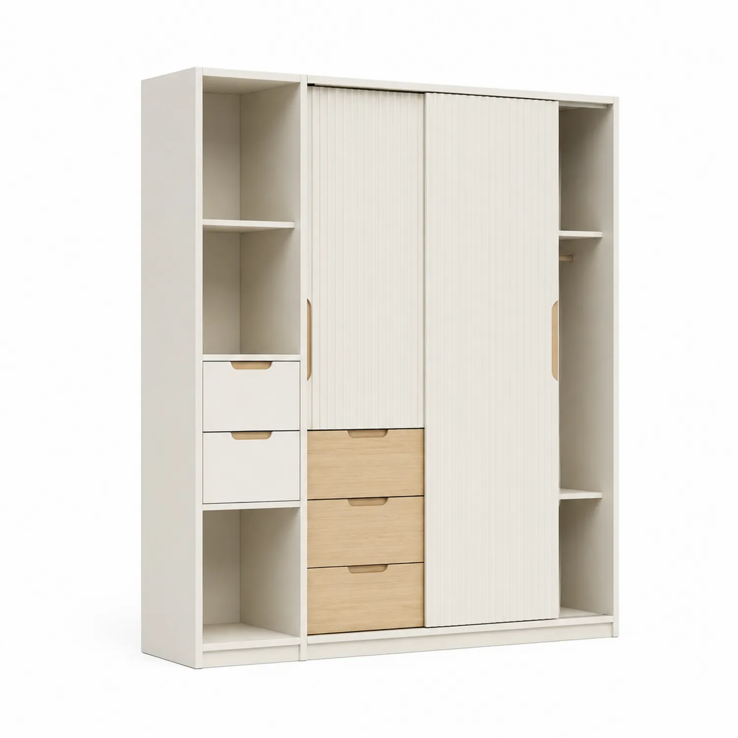 Holzwerkstoff-Schiebentürenschrank mit Schubladen, Weiß/Beige