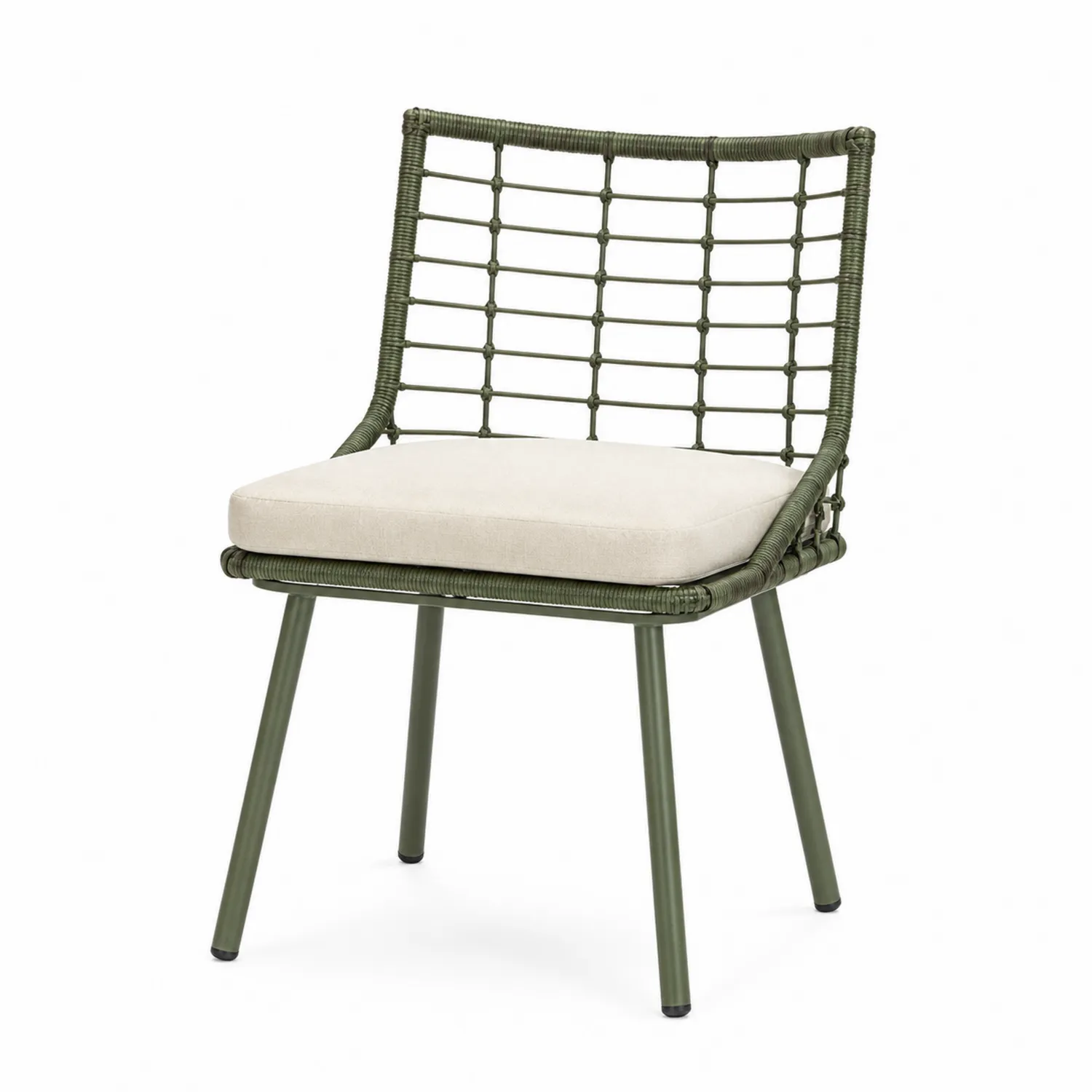 Silla de aluminio con cuerda sintética verde y cojín de poliéster beige