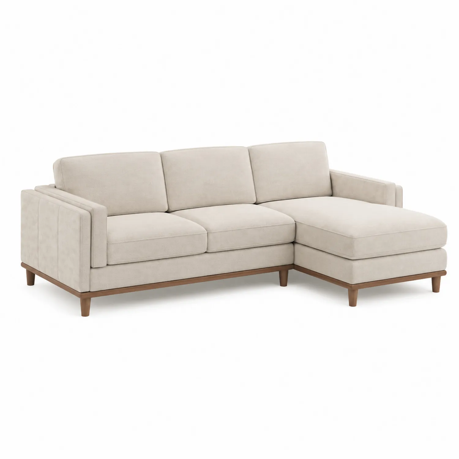 Sofá seccional en L de tela beige con base de madera
