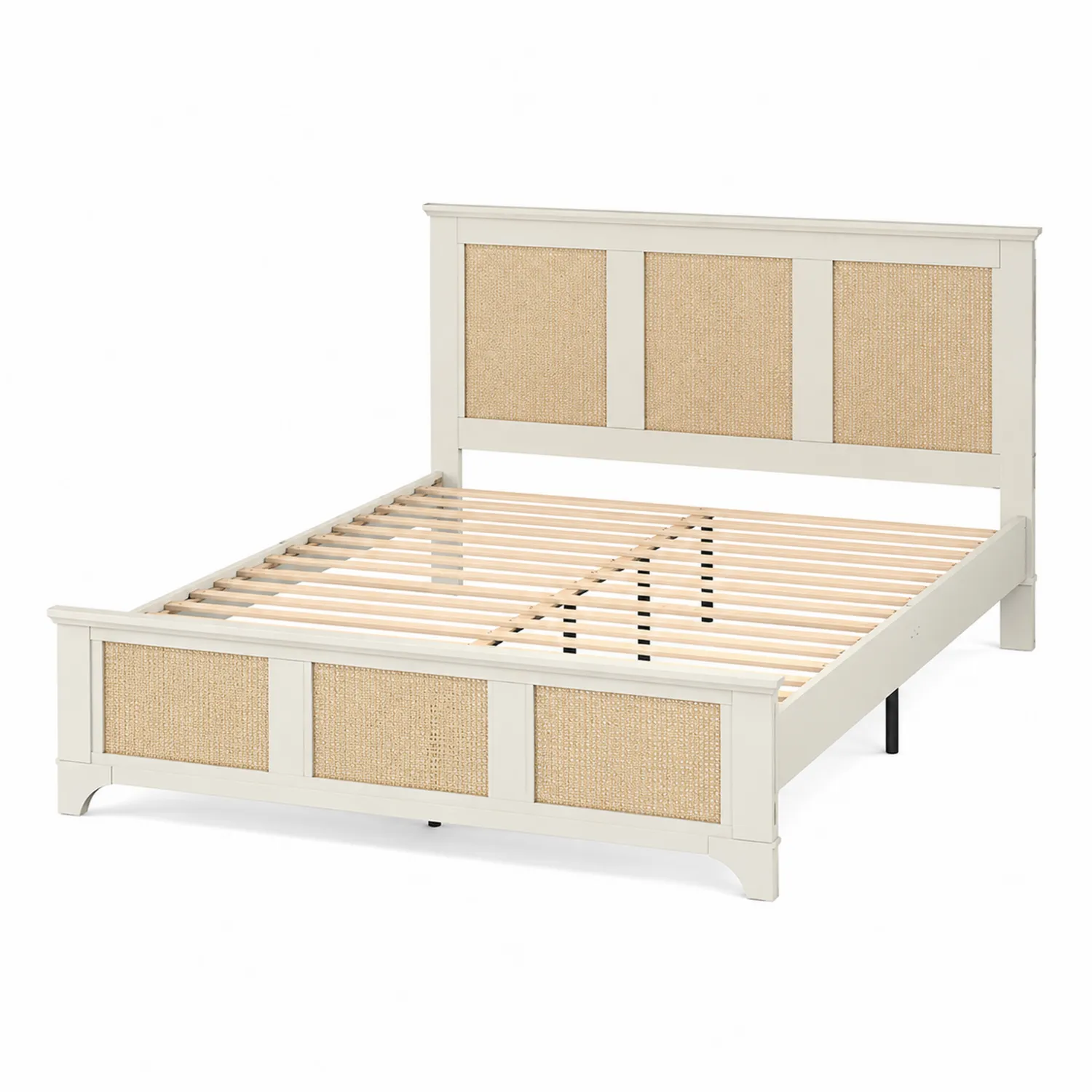 Cama de Madera y Ratán Blanca