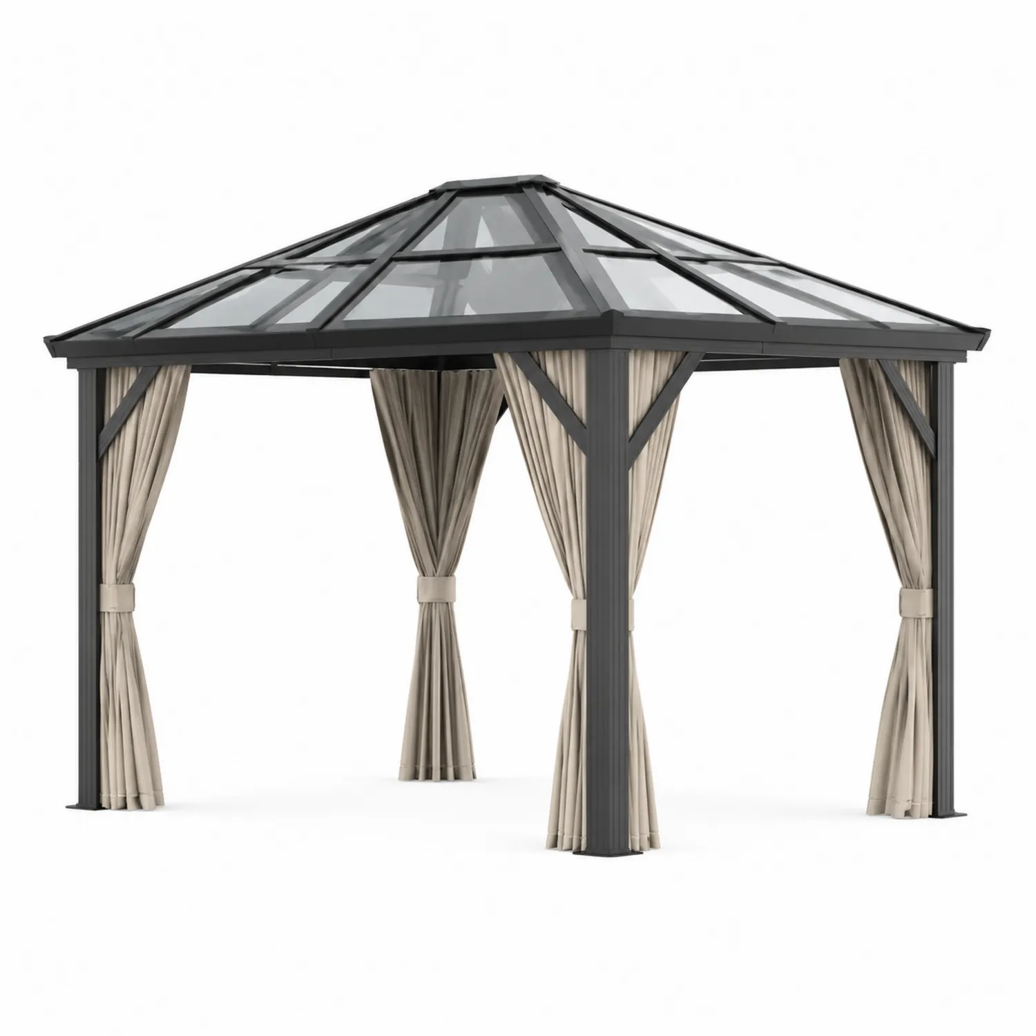 Pérgola de Aluminio con Techo de Vidrio Templado y Cortinas Beige 3x4 m