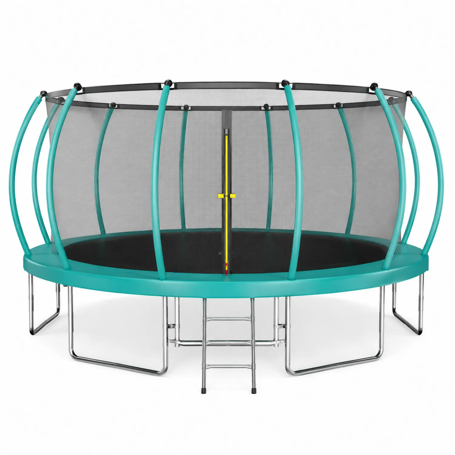 Cama elástica redonda de acero con red de seguridad y escalera