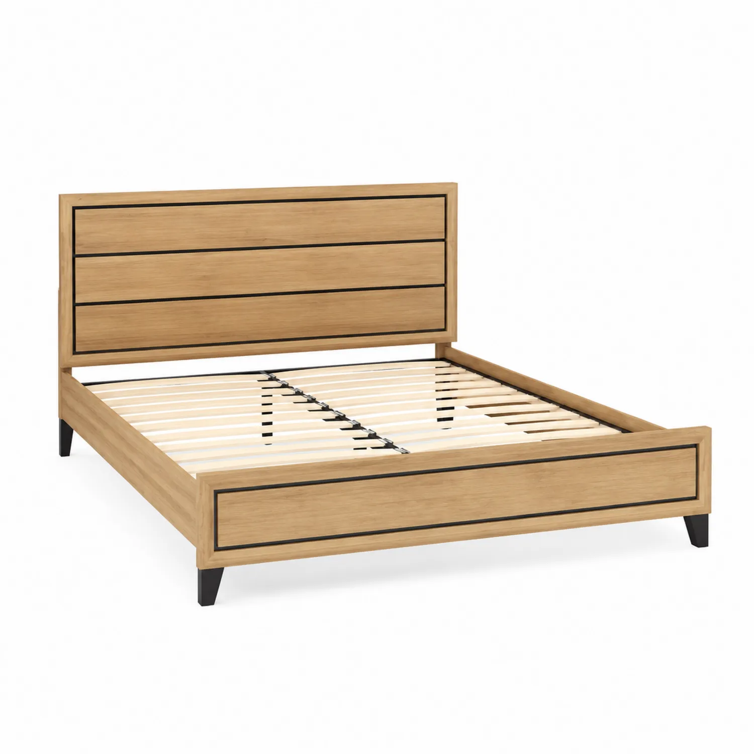 Cama doble de madera de roble claro con patas de metal
