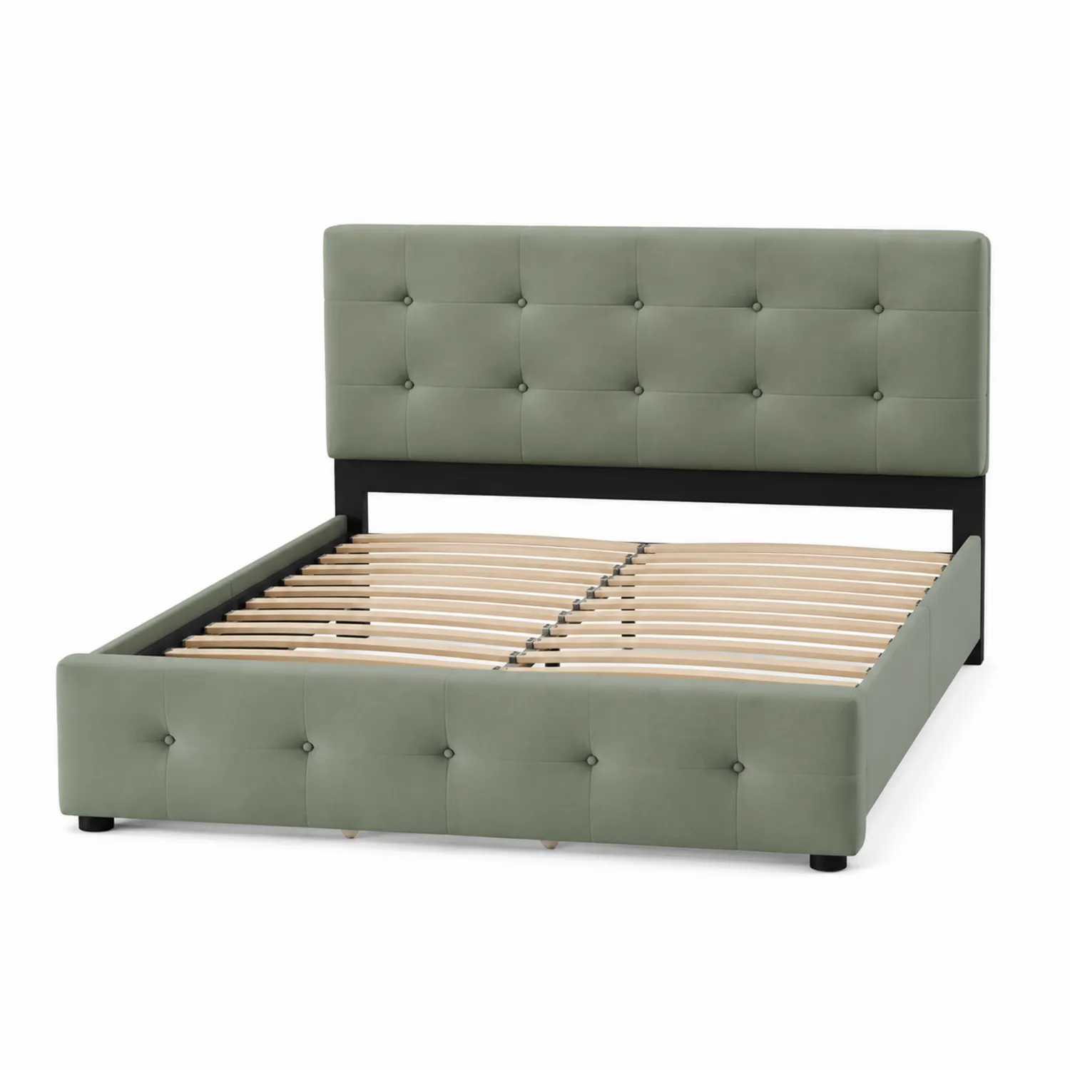 Cama matrimonial tapizada en poliéster verde oliva con estructura de madera