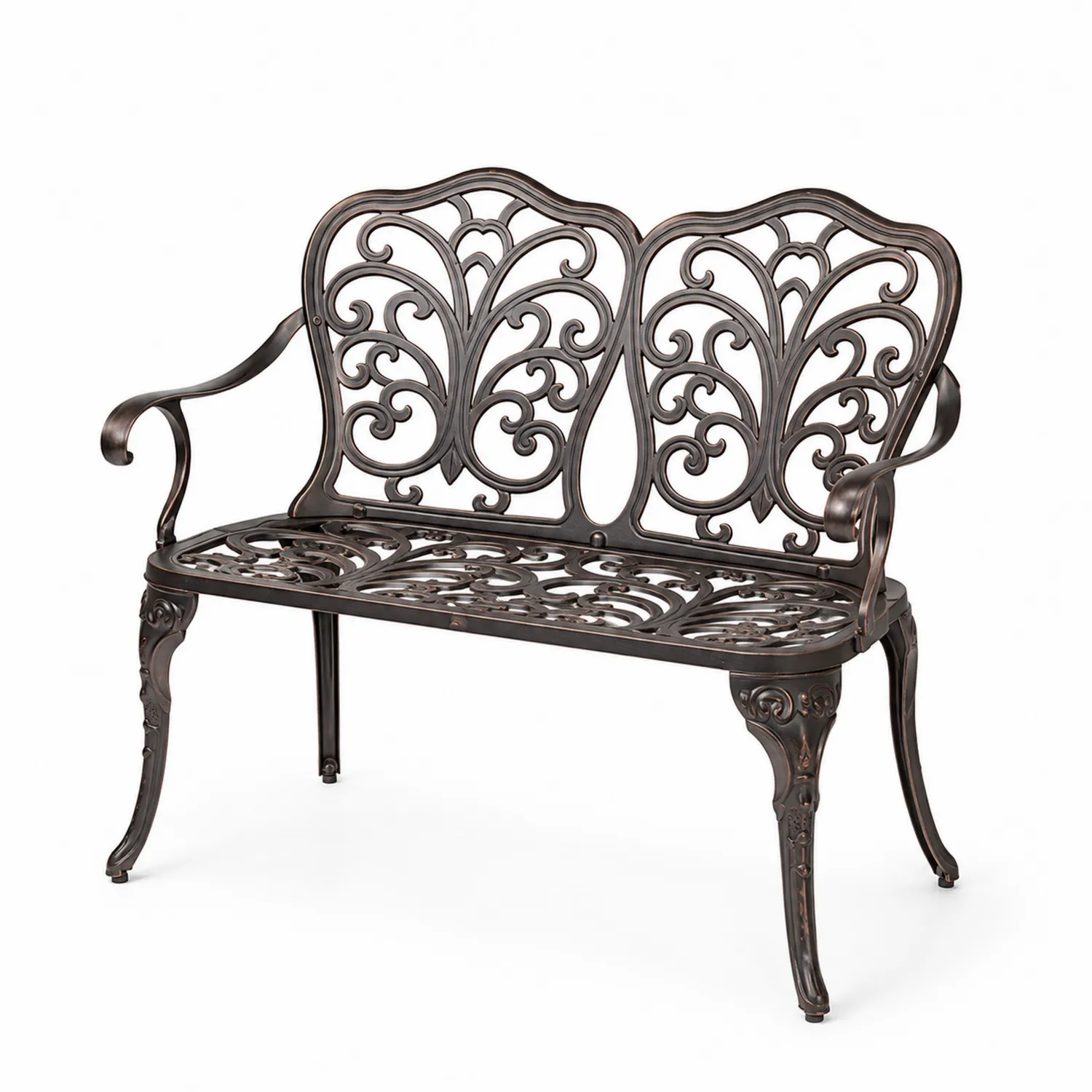 Banco de Aluminio Fundido Bronce con Respaldo Decorativo