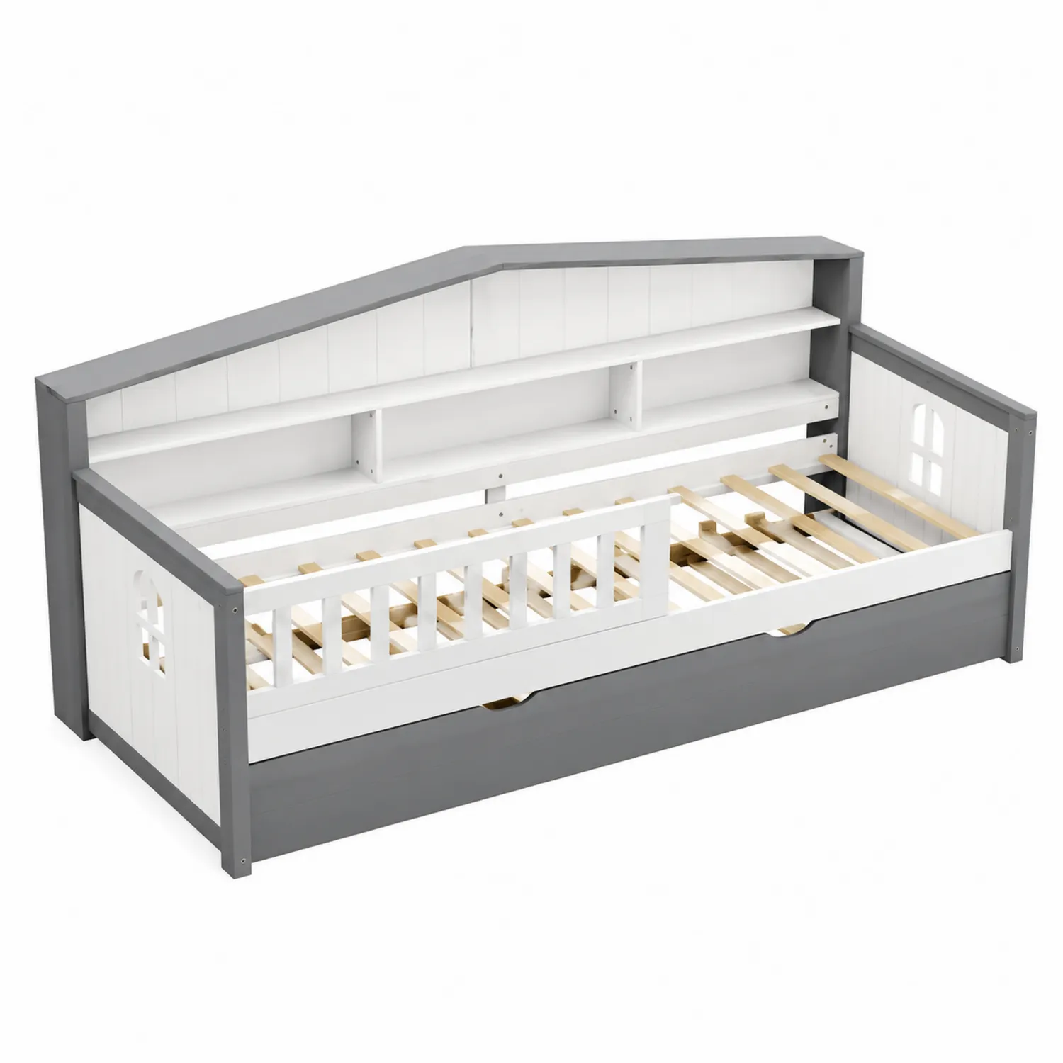 Cama Diván Infantil de Madera Gris y Blanco con Almacenaje 200x90 cm