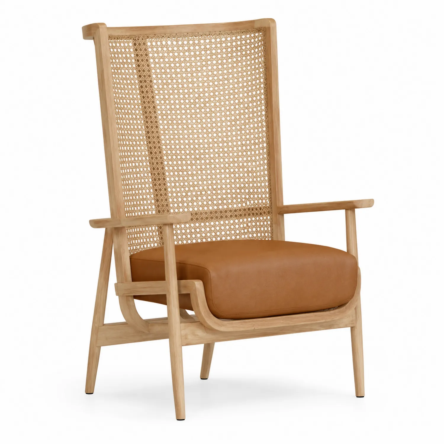 Sillón de Madera de Roble con Respaldo de Ratán y Asiento de Cuero Sintético