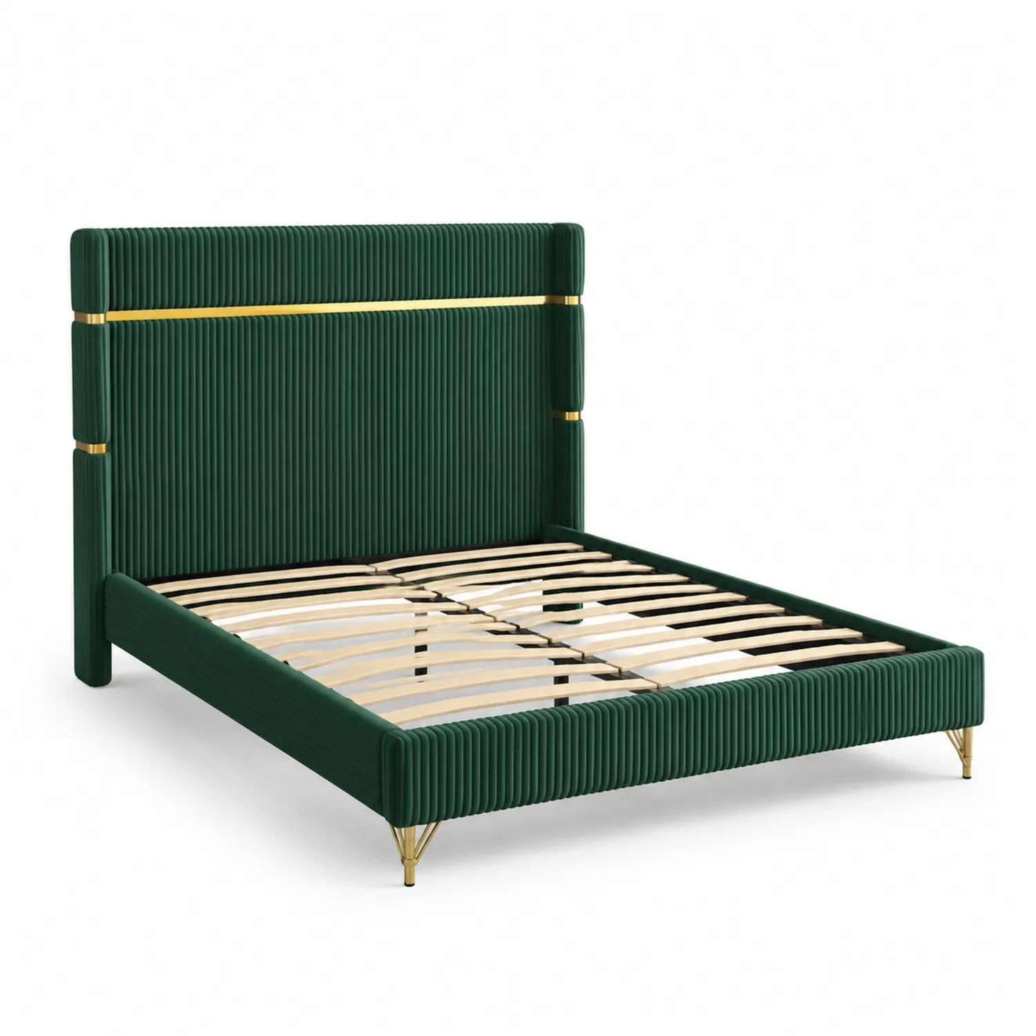 Cama de terciopelo con estructura de metal y detalles dorados