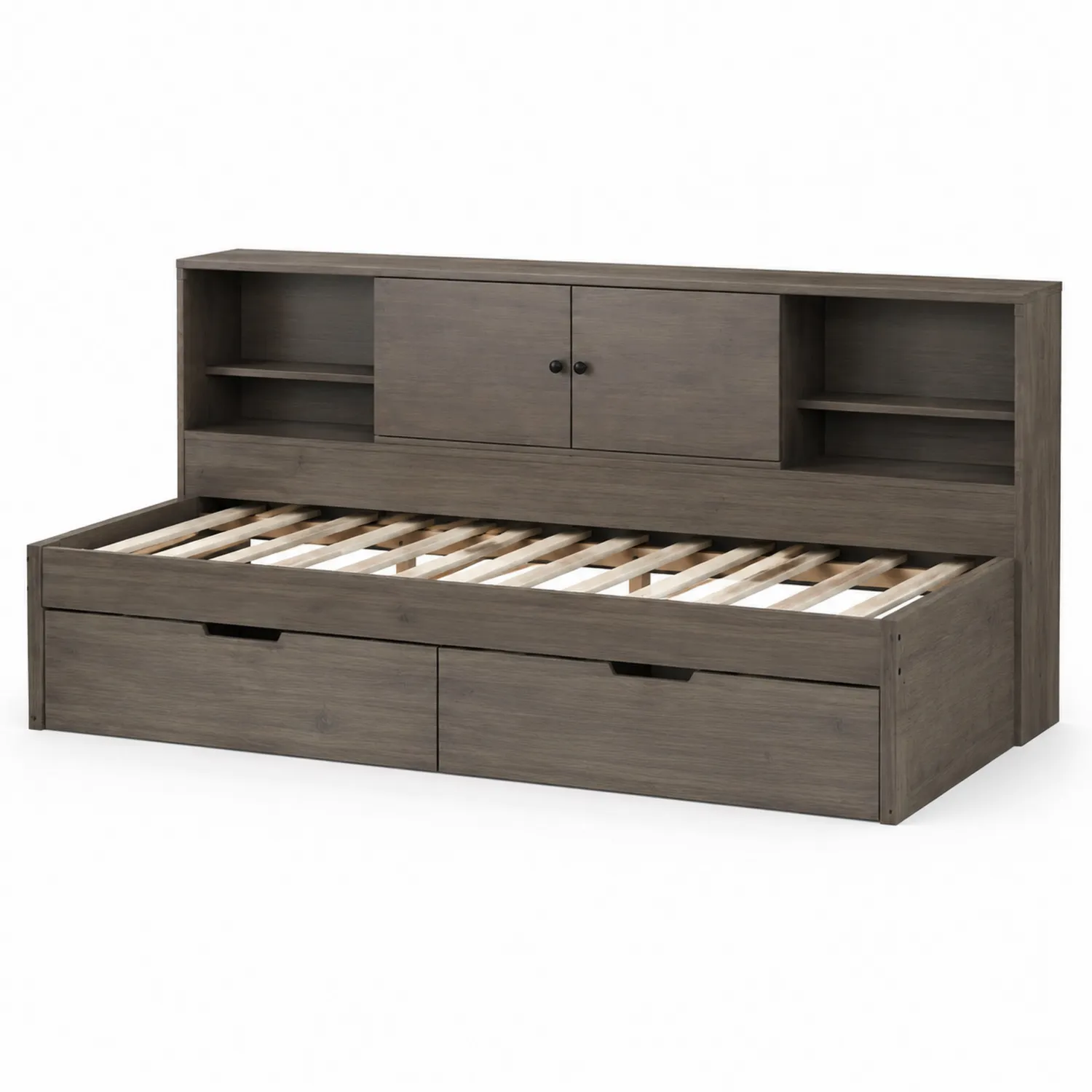 Cama Diván de Madera de Pino con Estantería y Cajones Gris