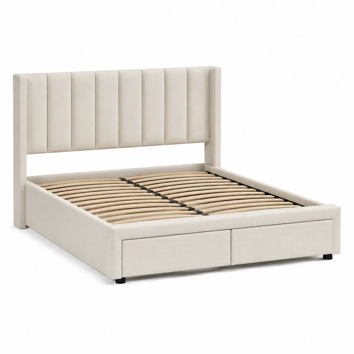 Cama doble tapizada en tela beige con cabecera y almacenamiento
