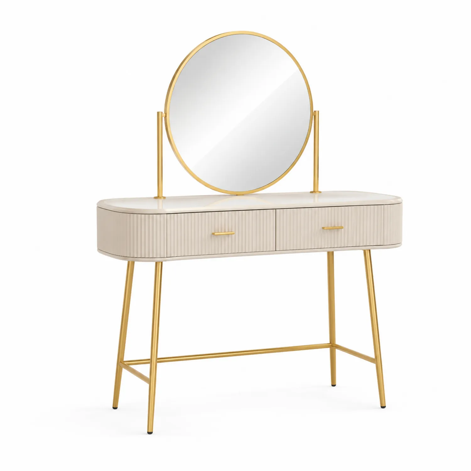 Tocador de MDF y acero con espejo redondo, 2 cajones, Beige y Dorado