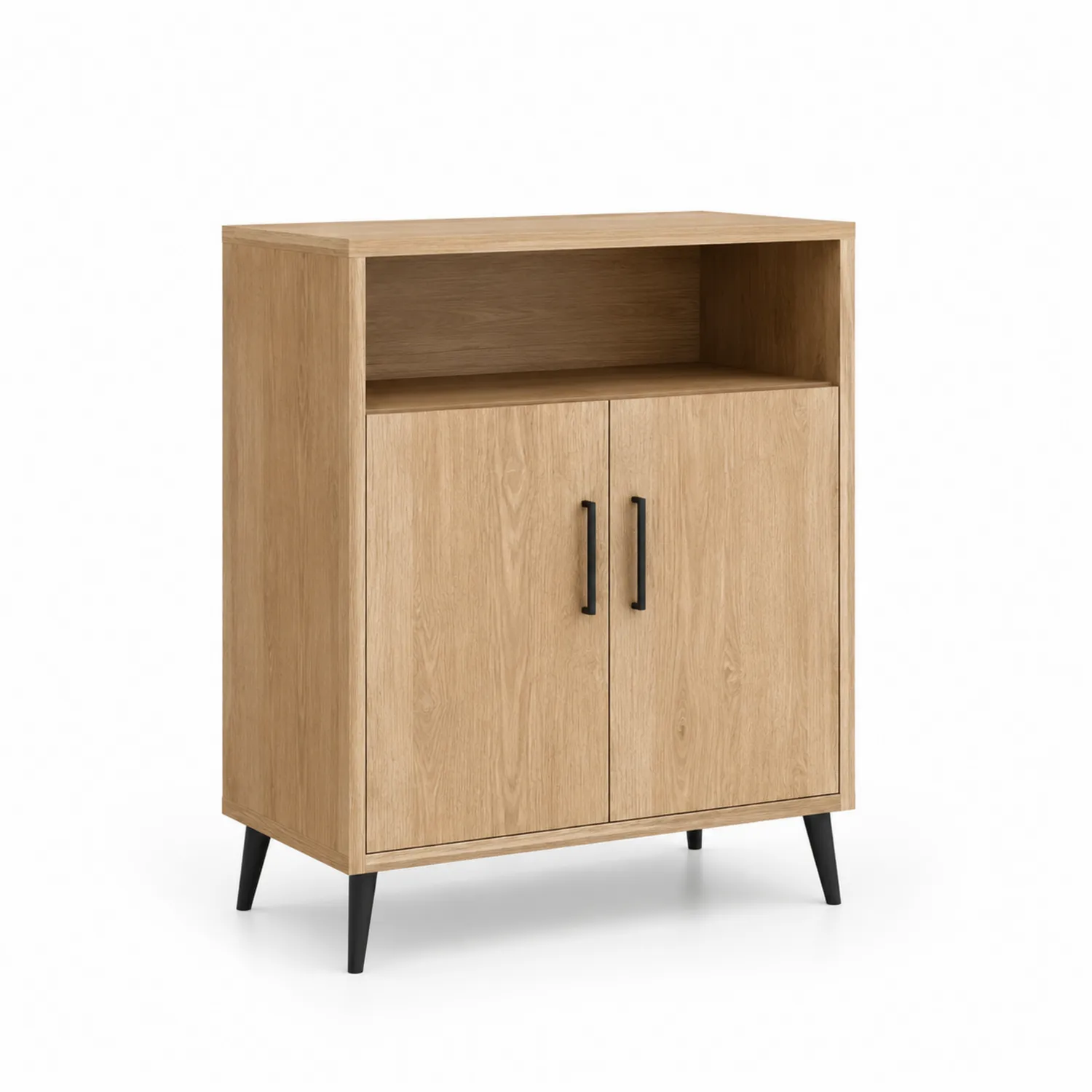Armario de madera con puertas dobles y estante abierto
