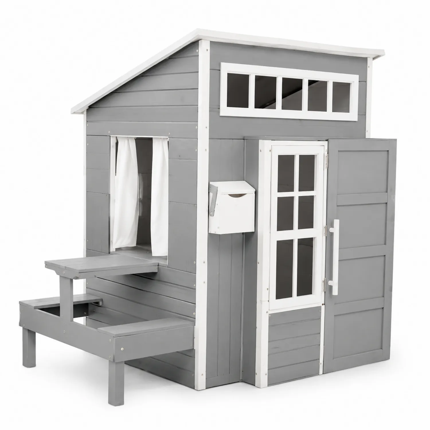 Casita de juego para exteriores de madera con ventanas de PVC, Gris y Blanco