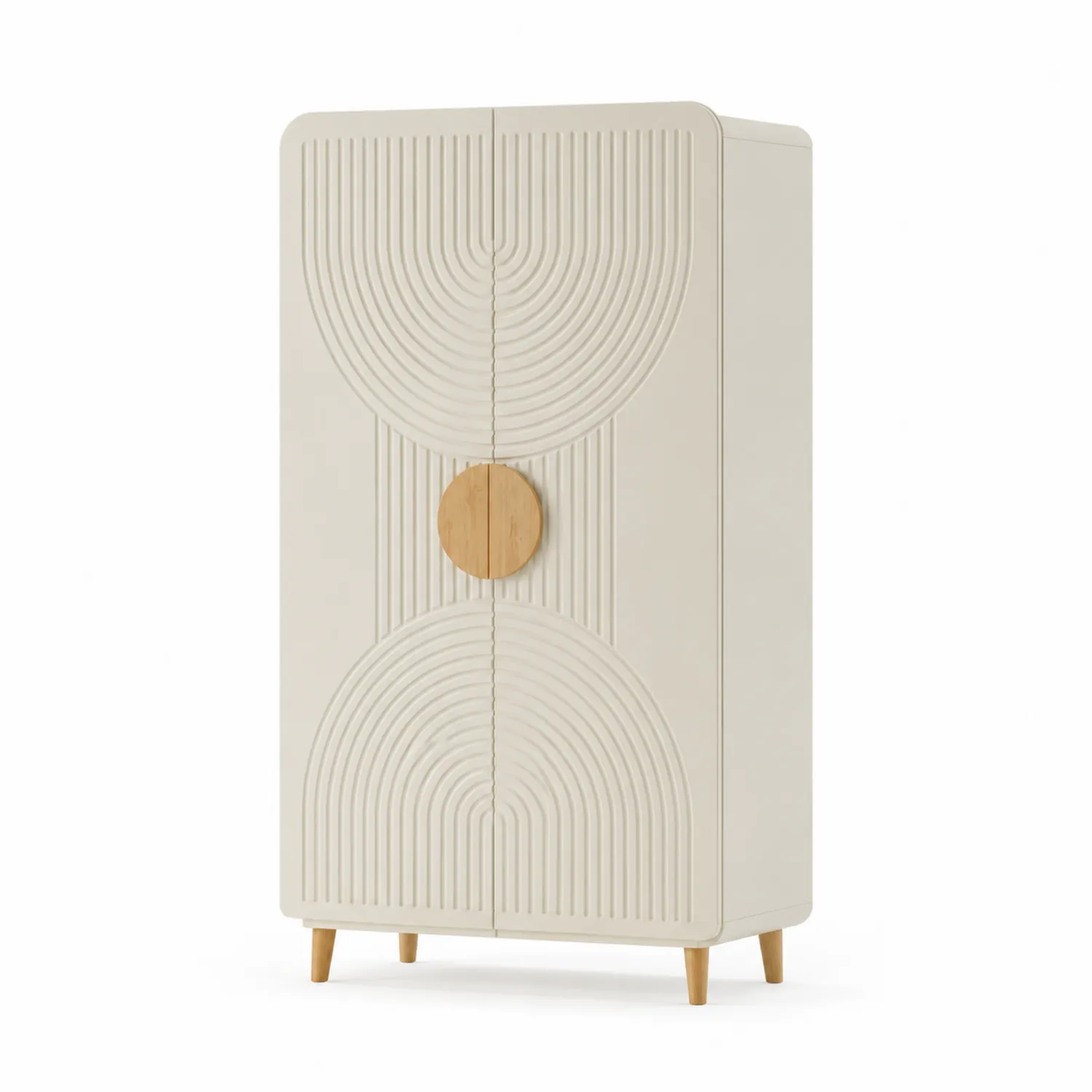 Armario de MDF con Puertas de Roble y Patas de Madera Color Crema