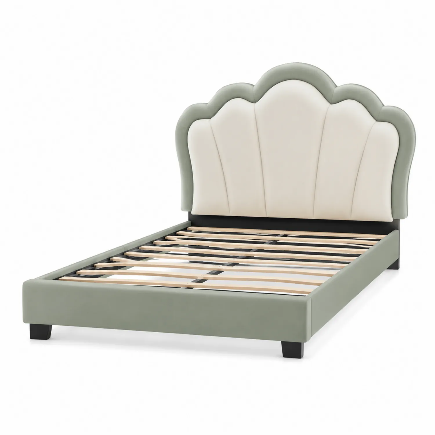 Cama doble con cabecero tapizado Verde/Beige