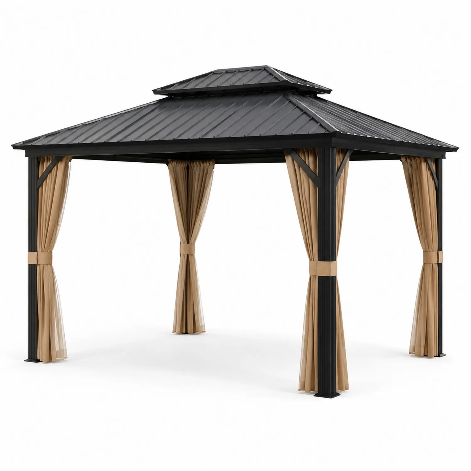 Pérgola de Aluminio con Techo de Acero Galvanizado y Cortinas de Poliéster