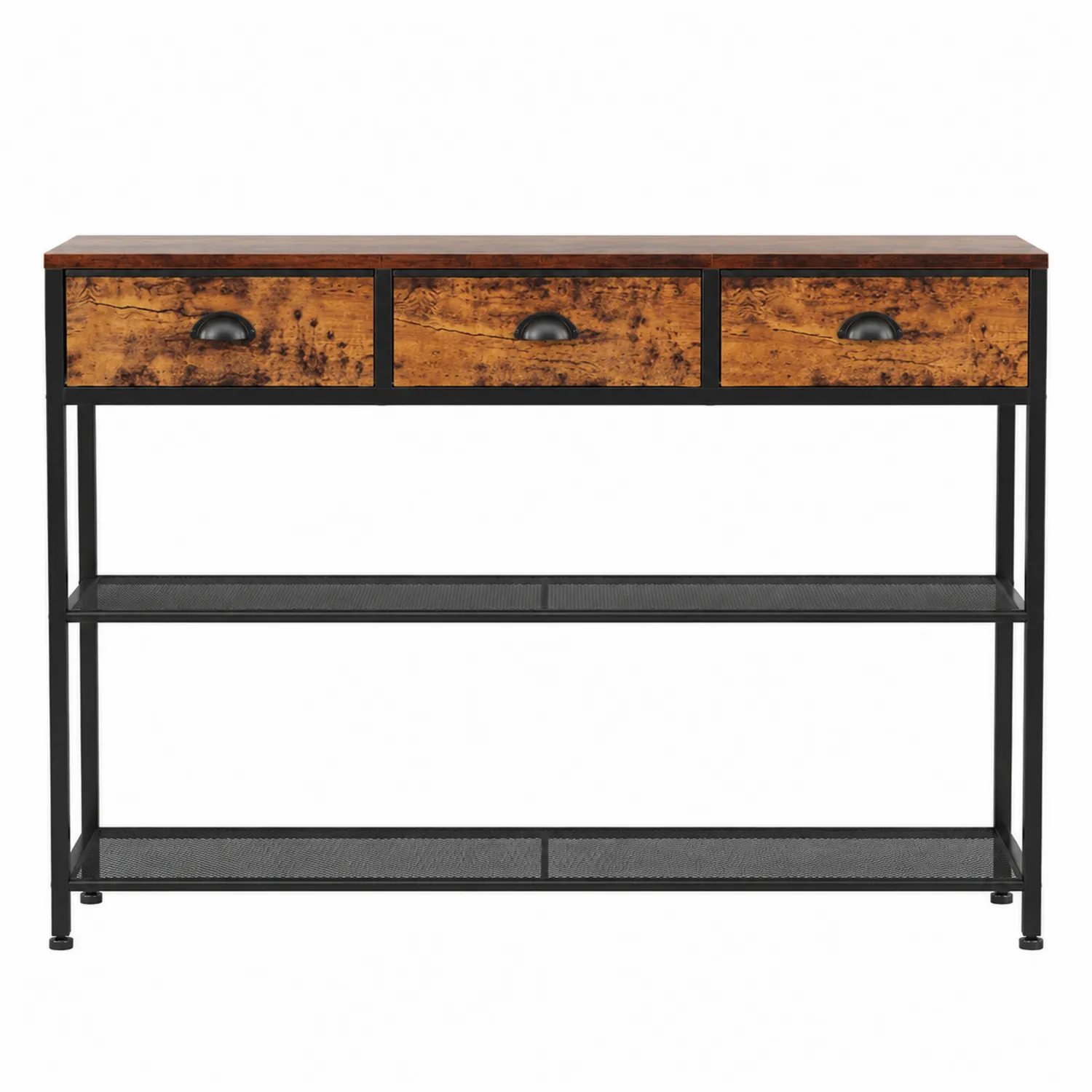 Console rectangulaire en bois et métal avec 3 tiroirs, 101x35x80cm, Marron/Noir