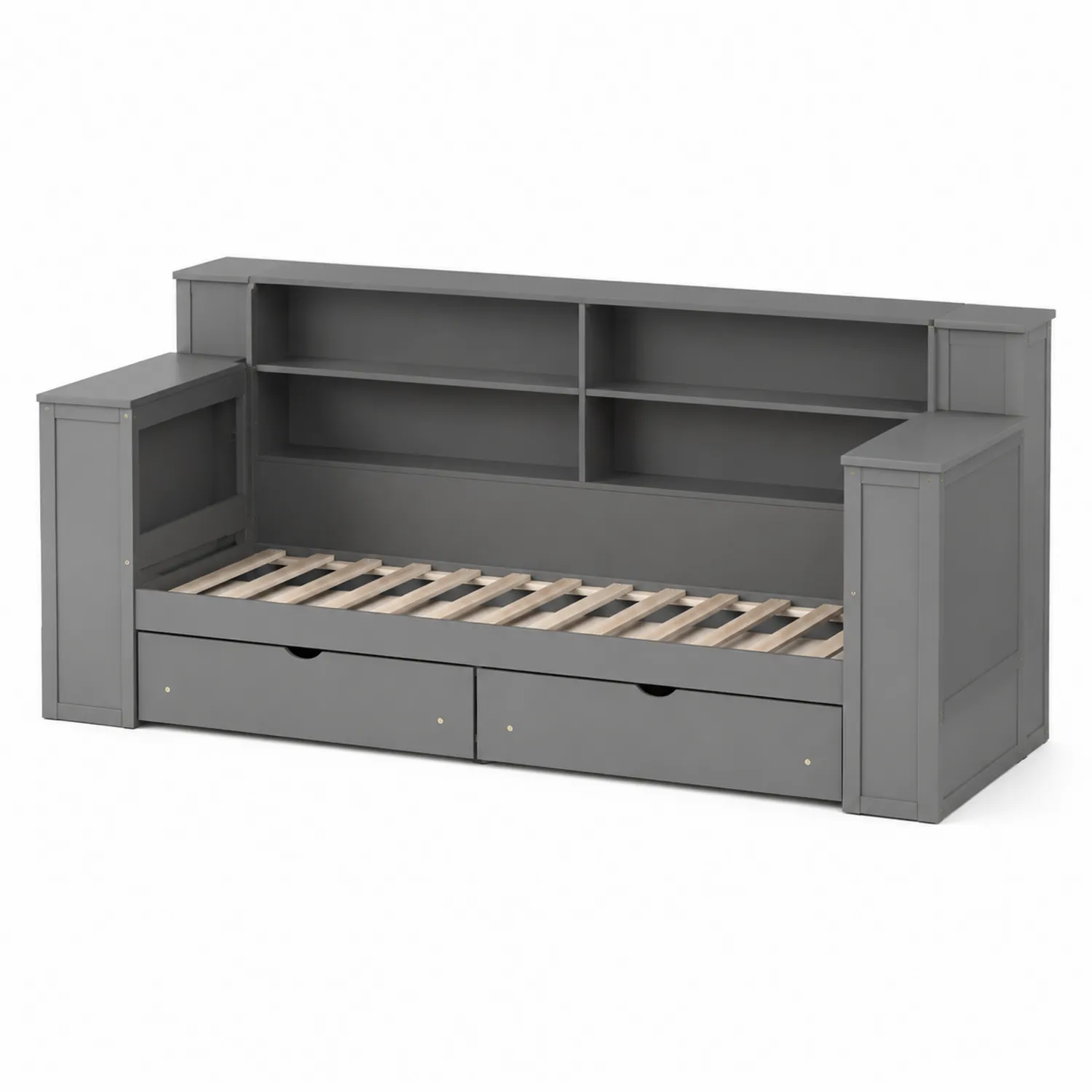 Lit de repos en bois de pin gris avec tiroirs et étagères