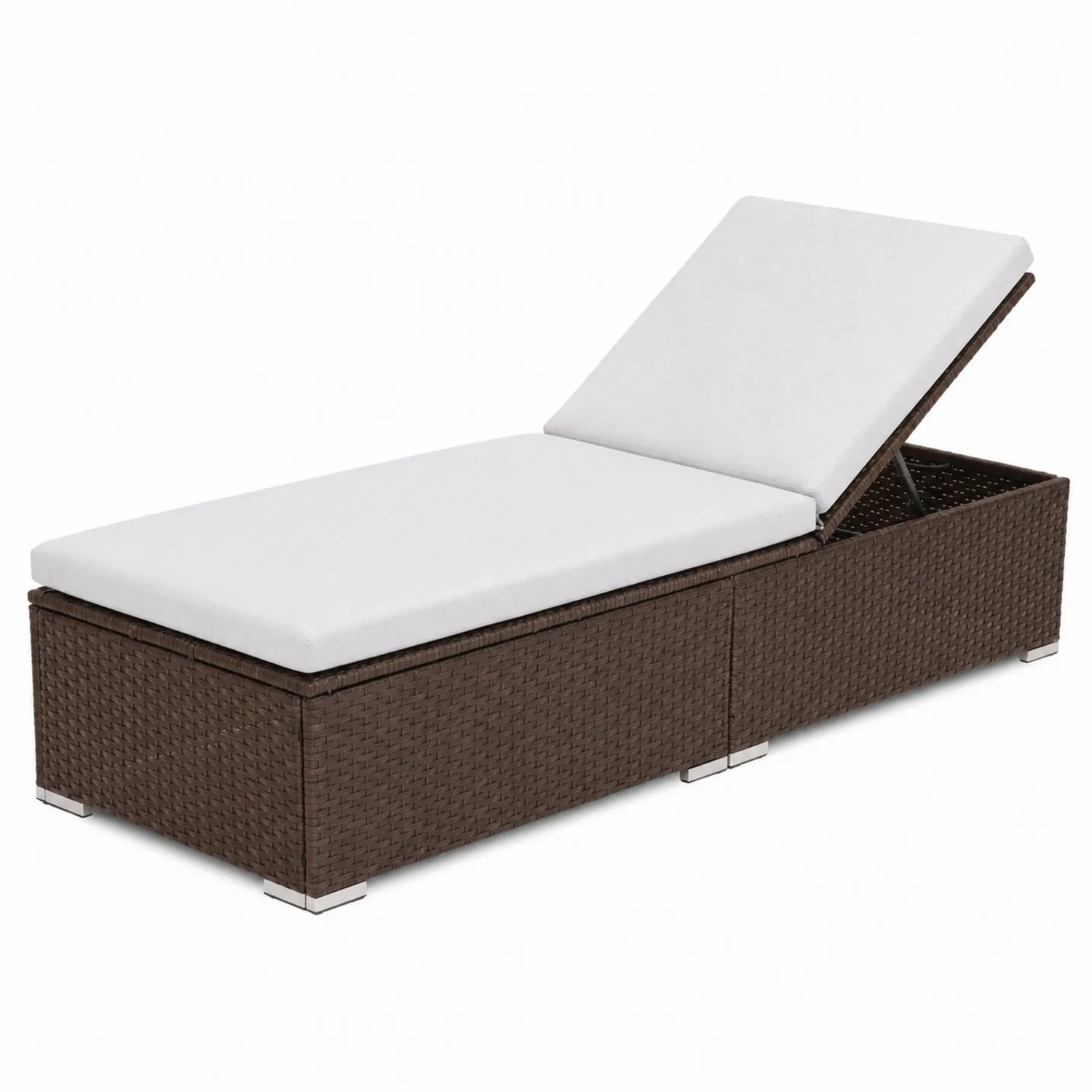 Chaise longue extérieure en rotin marron avec coussin blanc