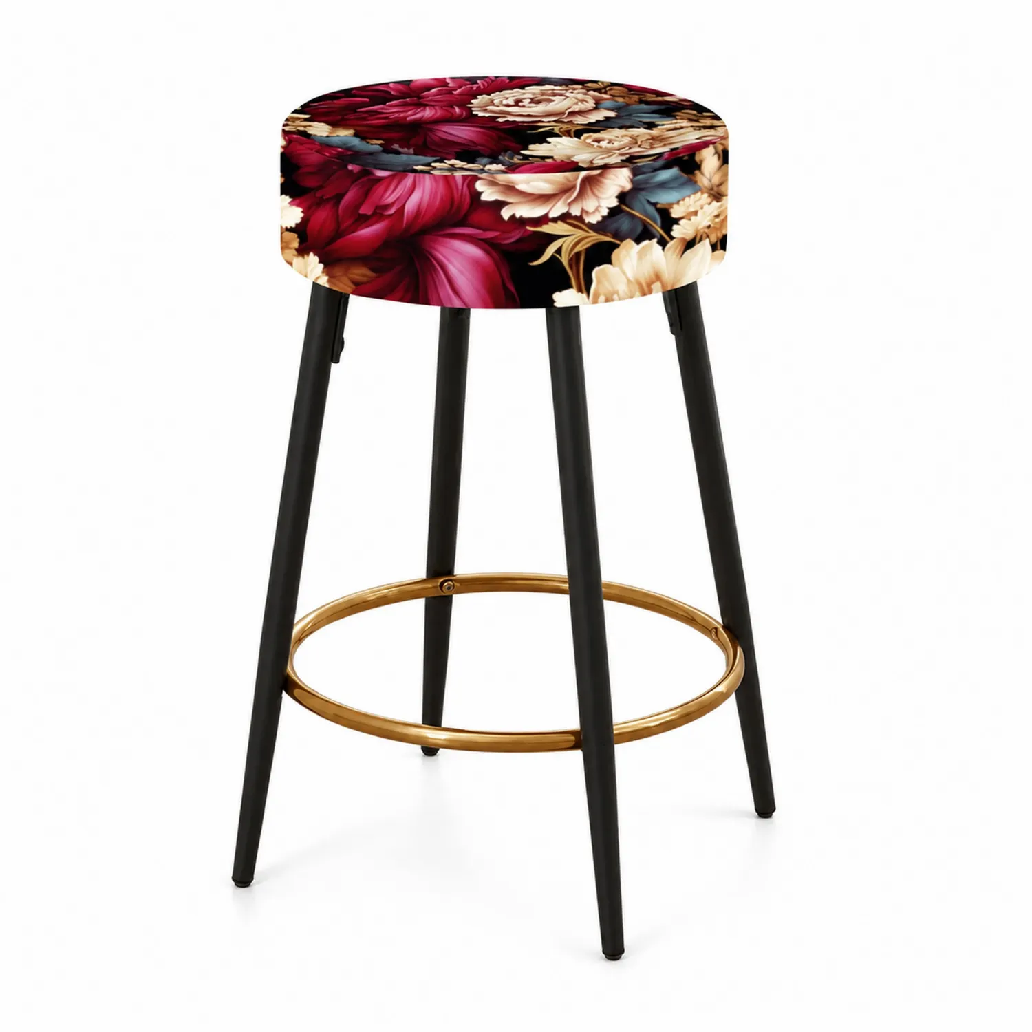 Tabouret de bar en tissu floral et métal Noir/Or
