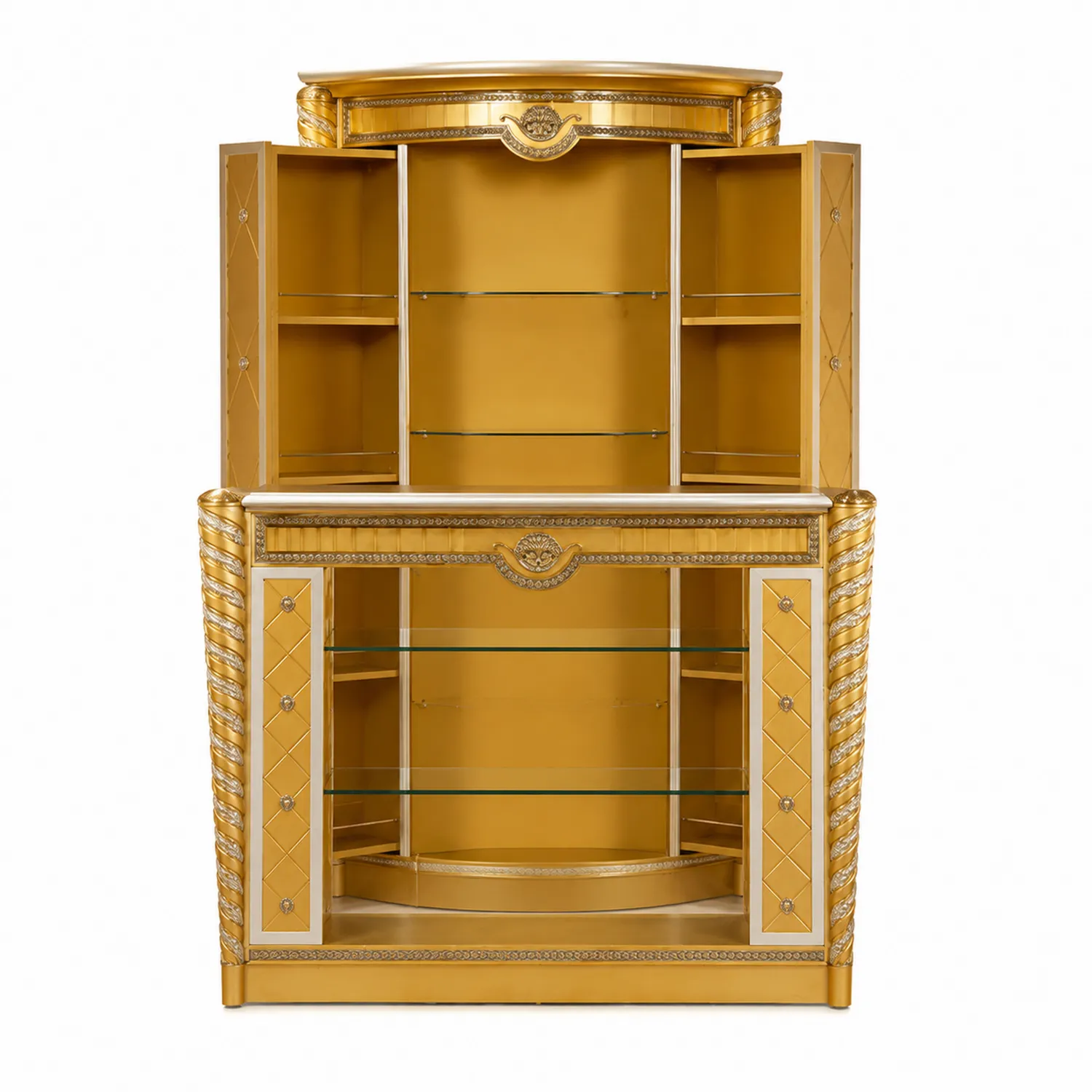 Armoire Bar en Bois Doré avec Étagères en Verre Trempé