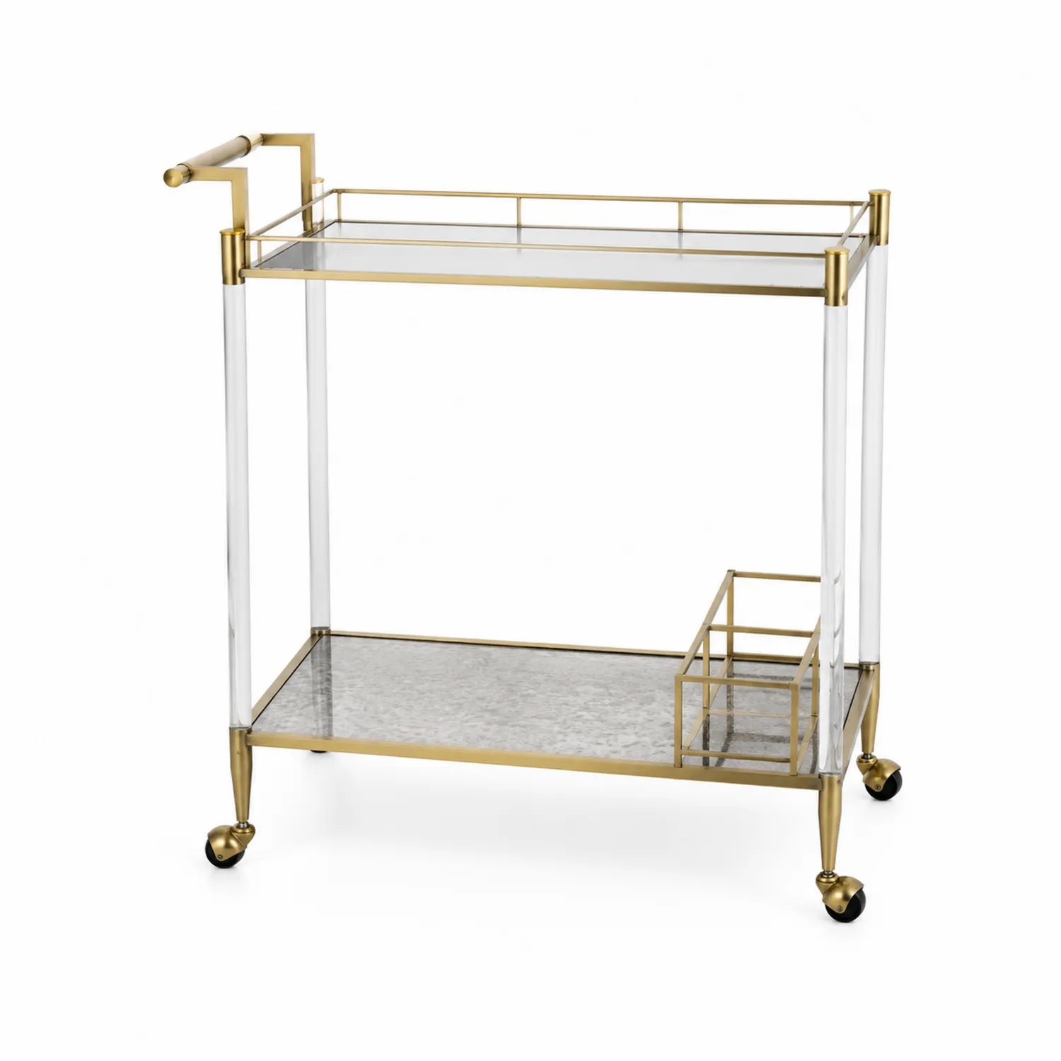 Chariot de bar en verre trempé et métal doré avec roulettes