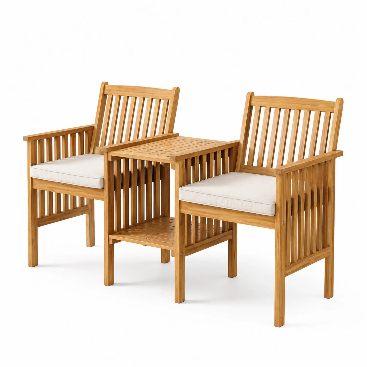 Salon de jardin en bois avec table intégrée et coussins en polyester beige