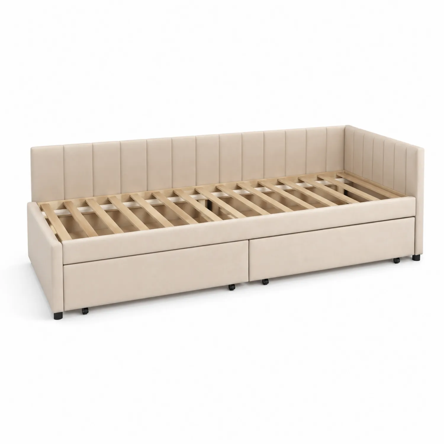 Lit de jour en bois avec tiroirs en cuir synthétique beige