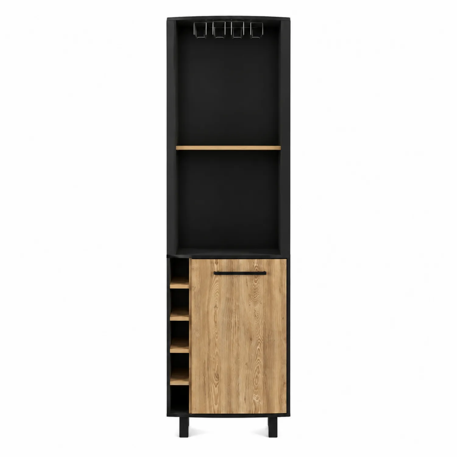Armoire à vin en bois et métal avec étagères et porte