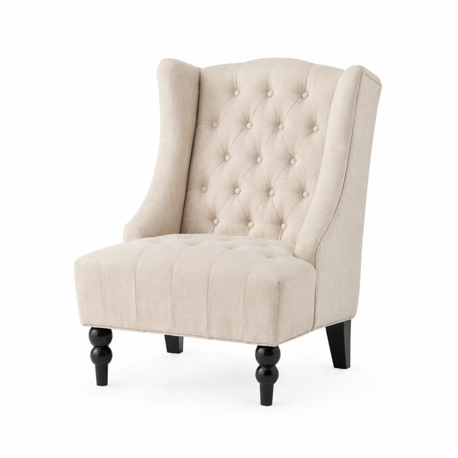 Fauteuil en bois et lin beige avec dossier capitonné