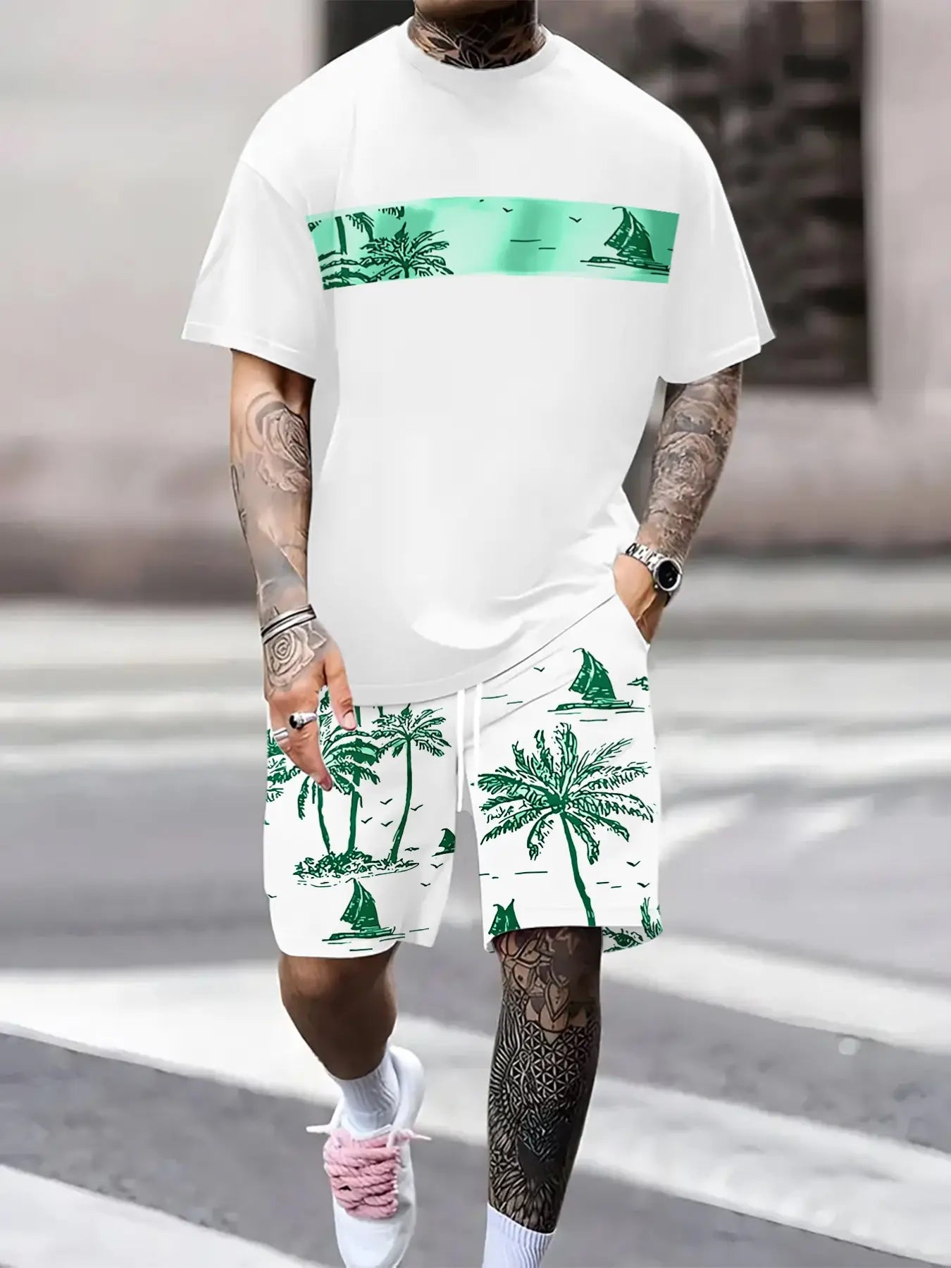 Men's Tropical Palm Tree Print Short-Sleeve Shirt and Shorts Set