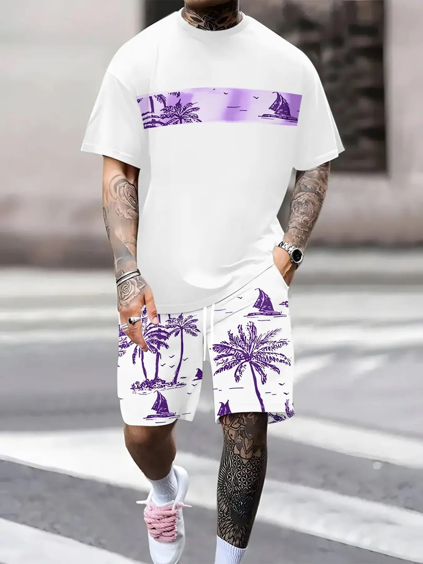 Men's Tropical Palm Tree Print Short-Sleeve Shirt and Shorts Set