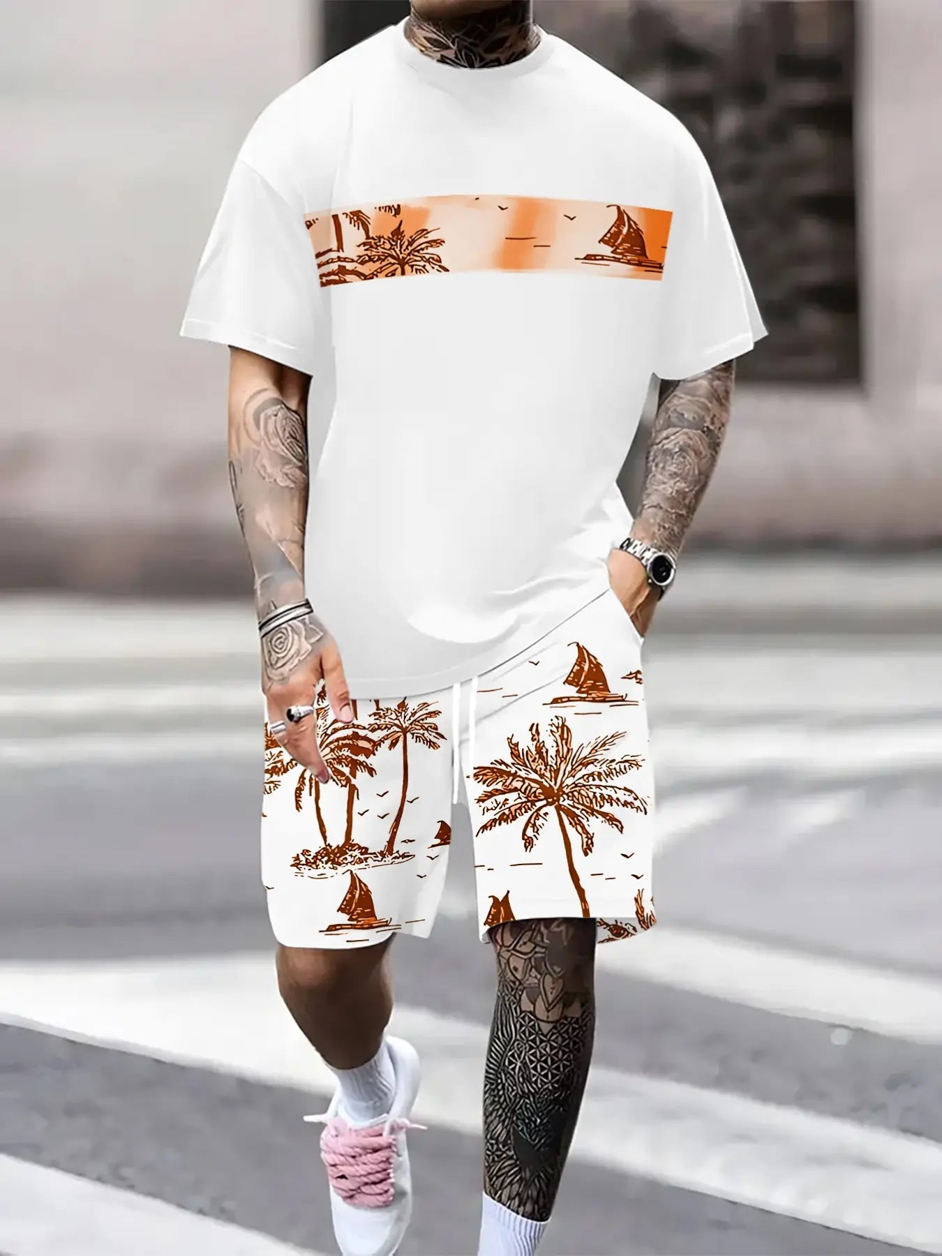 Men's Tropical Palm Tree Print Short-Sleeve Shirt and Shorts Set