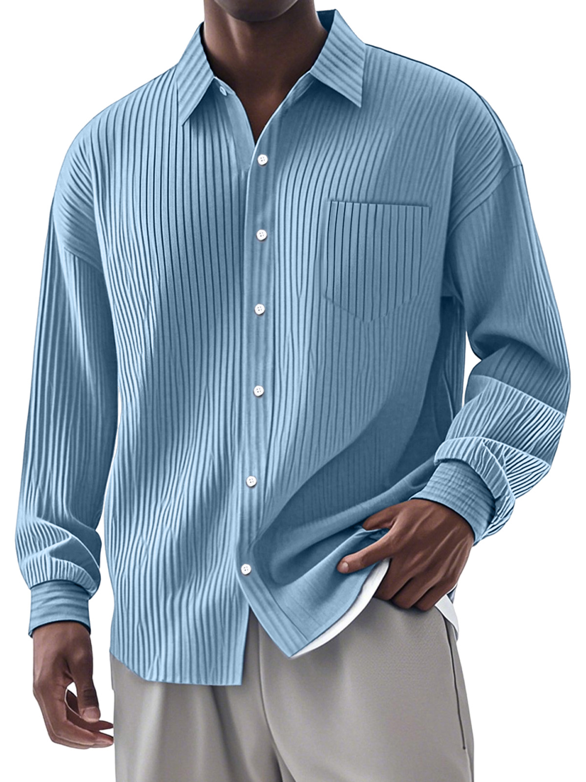 Men's Casual Simple Vertical Pit Strip Long-sleeved Lapel Shirt