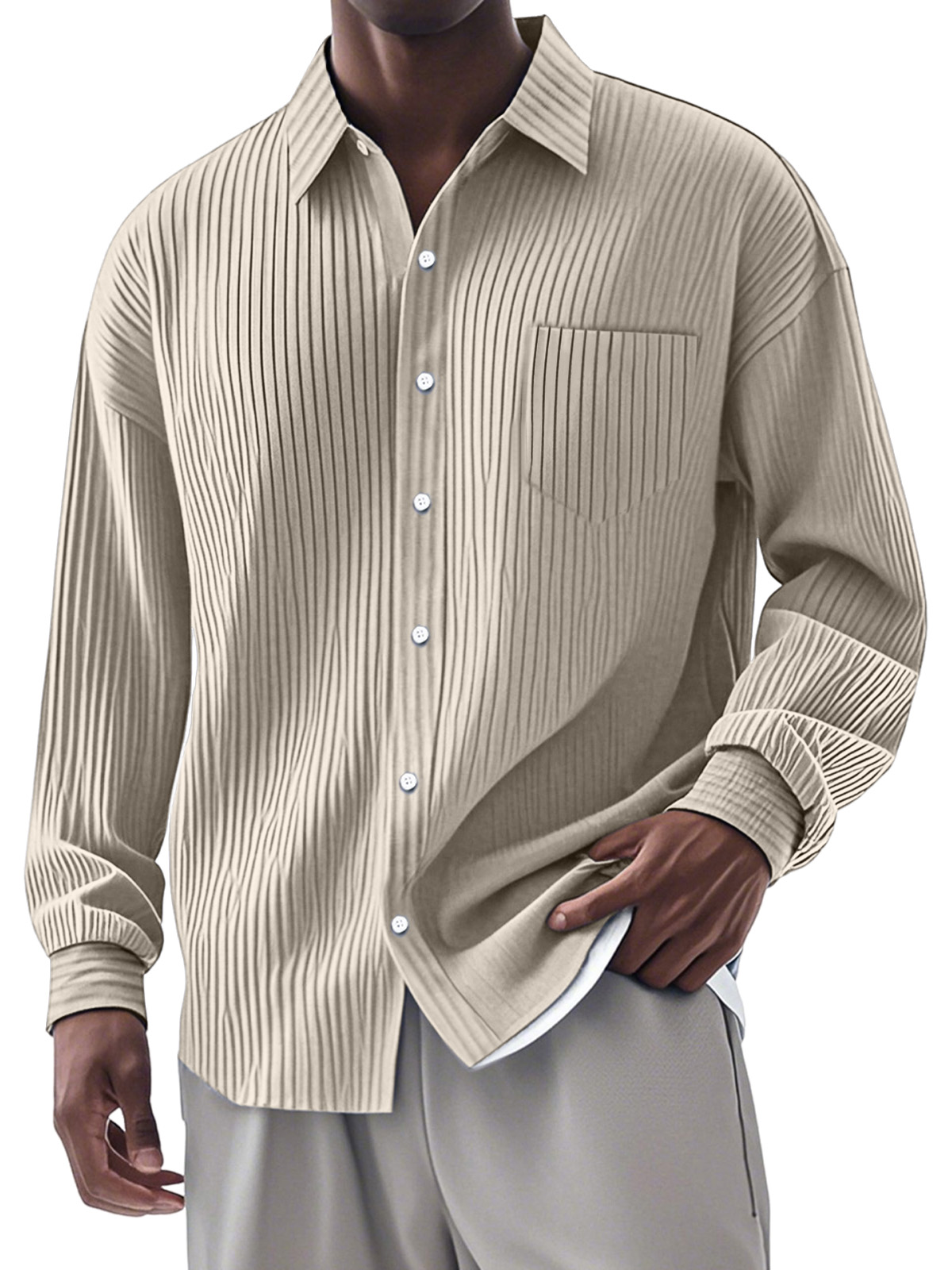 Men's Casual Simple Vertical Pit Strip Long-sleeved Lapel Shirt