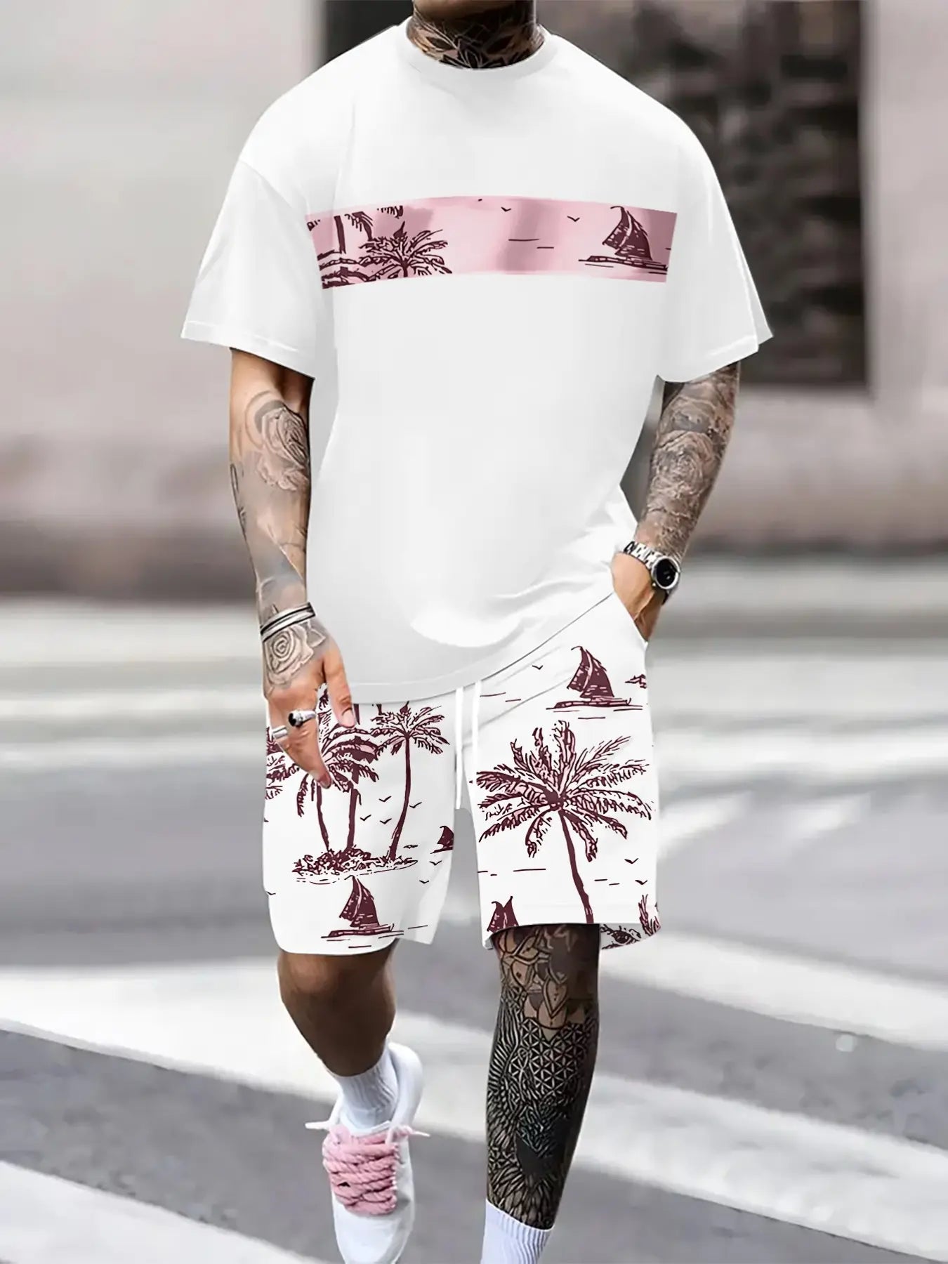 Men's Tropical Palm Tree Print Short-Sleeve Shirt and Shorts Set