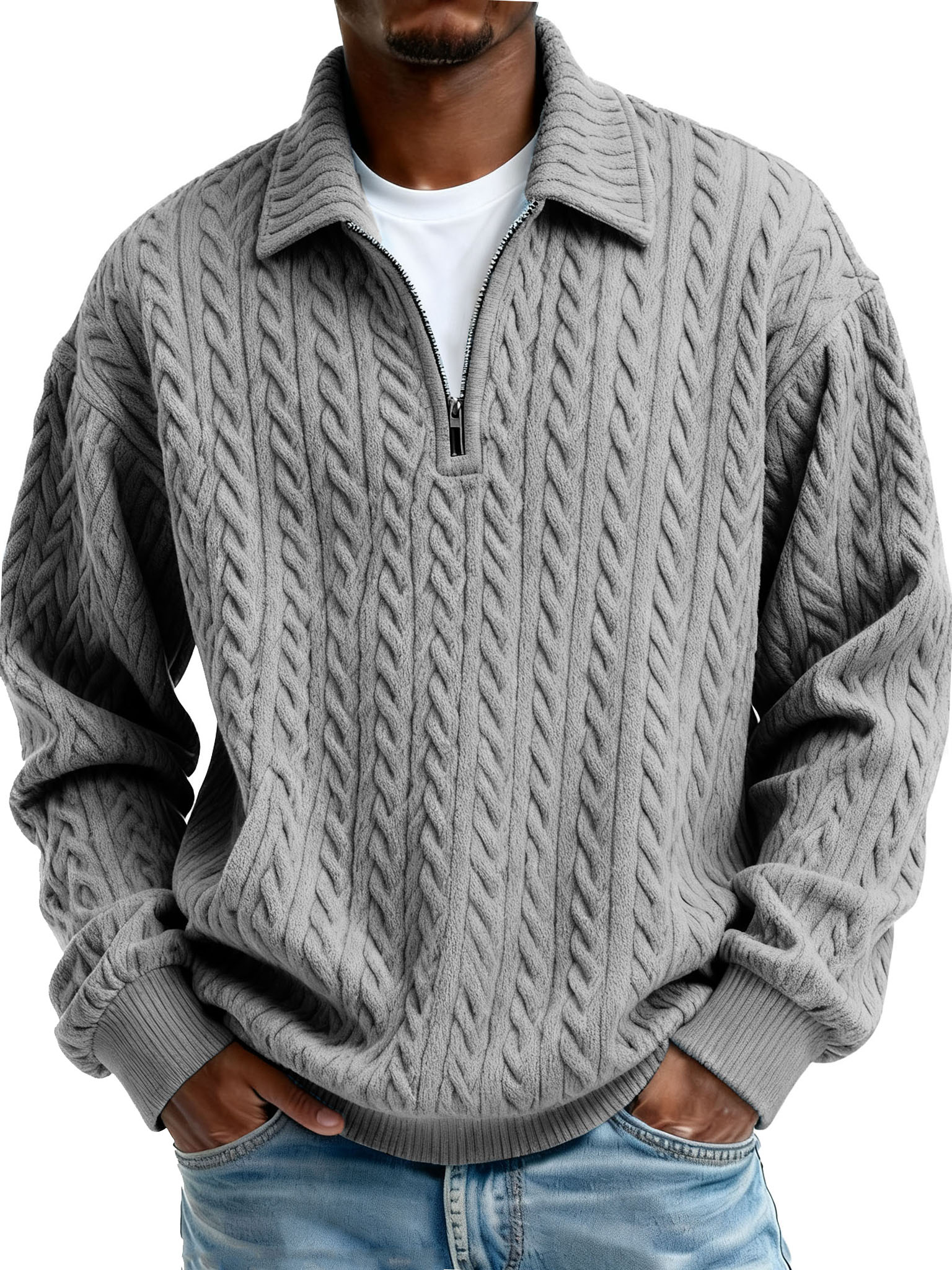 Men's Clothing Fashionable Casual Twist Texture Fabric Lapel Zipper Long-sleeved Hoodie