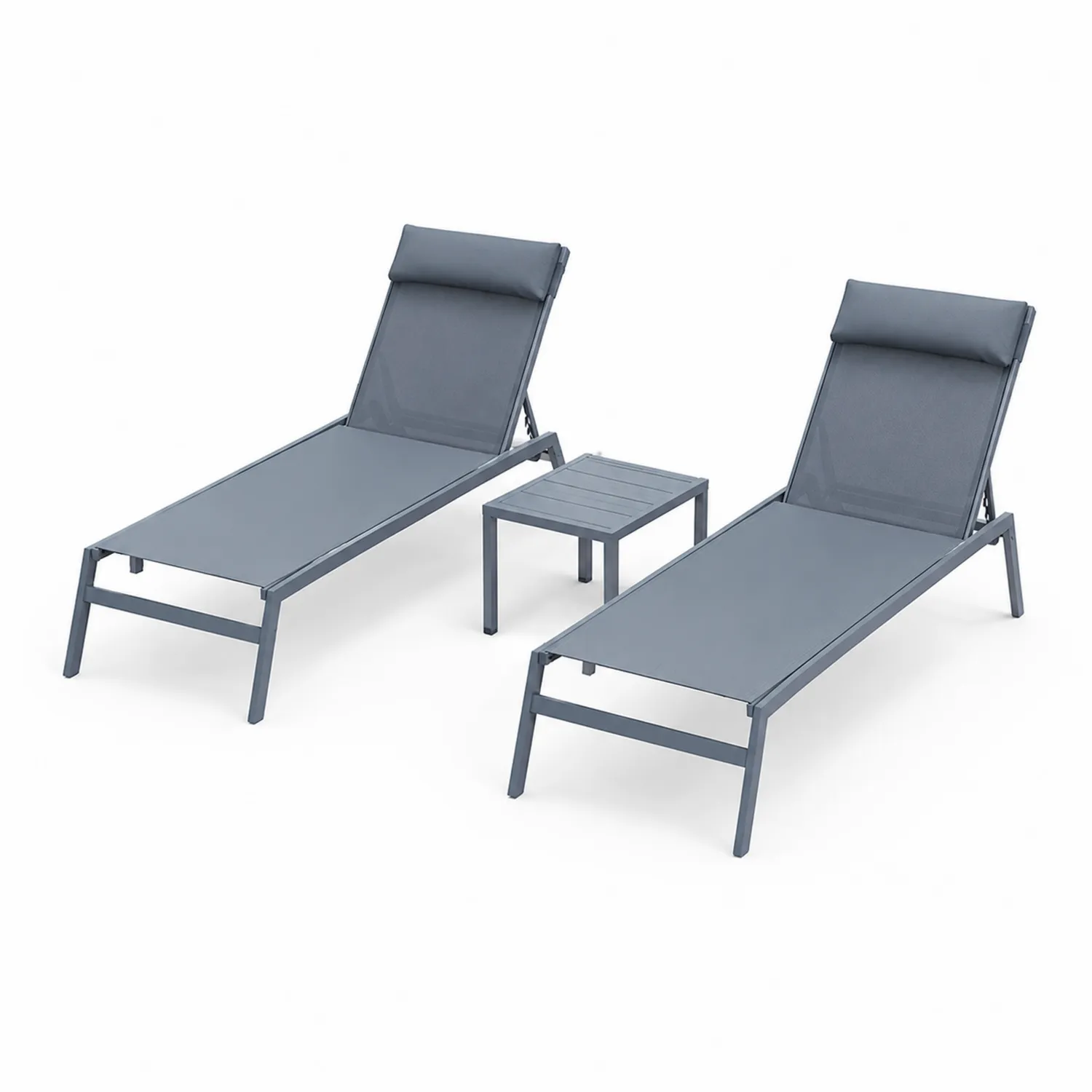 Aluminium Gartenliege Set mit Textilbespannung, 2 Liegen mit Beistelltisch, Grau